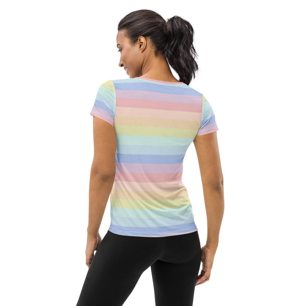Women’s Colorful Pastel Striped Performance Athletic T-Shirt - Lightweight Moisture Wicking Workout Top with UPF 50+