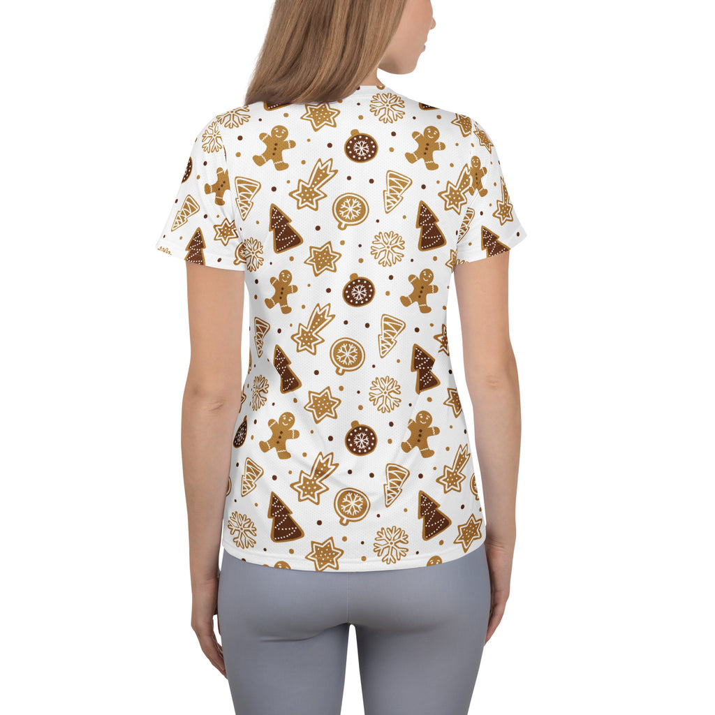 Women’s Gingerbread Cookies Christmas Performance Athletic T-Shirt - Lightweight Moisture Wicking Workout Top with UPF 50+