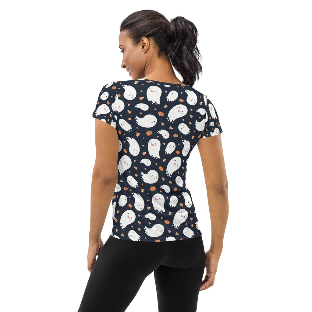 Women’s Ghost Halloween Performance Athletic T-Shirt - Lightweight Moisture Wicking Workout Top with UPF 50+