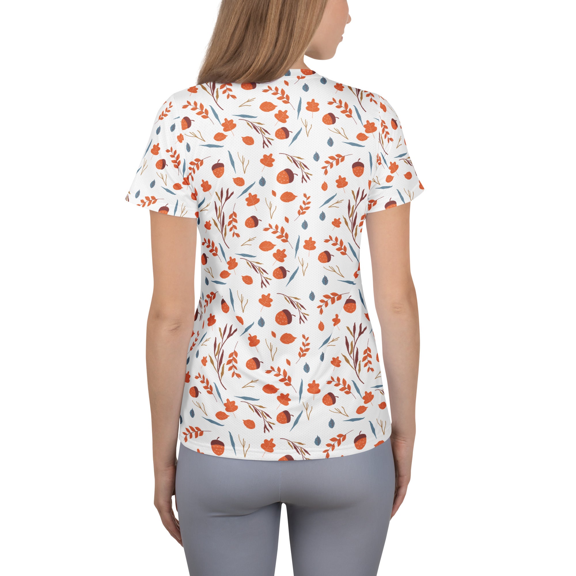 Women’s Fall Leaves & Acorns Performance Athletic T-Shirt - Lightweight Moisture Wicking Workout Top with UPF 50+