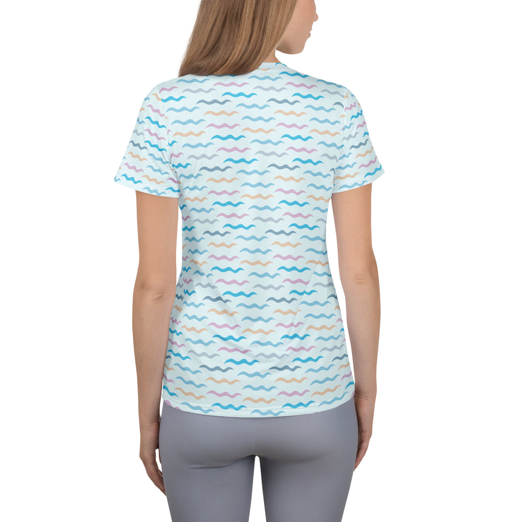Women’s Pastel Wavy Stripe Performance Athletic T-Shirt - Lightweight Moisture Wicking Workout Top with UPF 50+