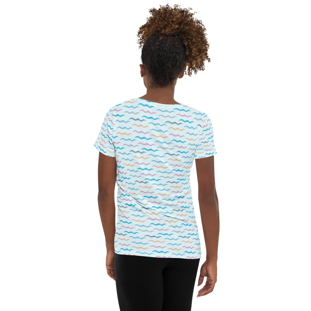 Women’s Pastel Wavy Stripe Performance Athletic T-Shirt - Lightweight Moisture Wicking Workout Top with UPF 50+
