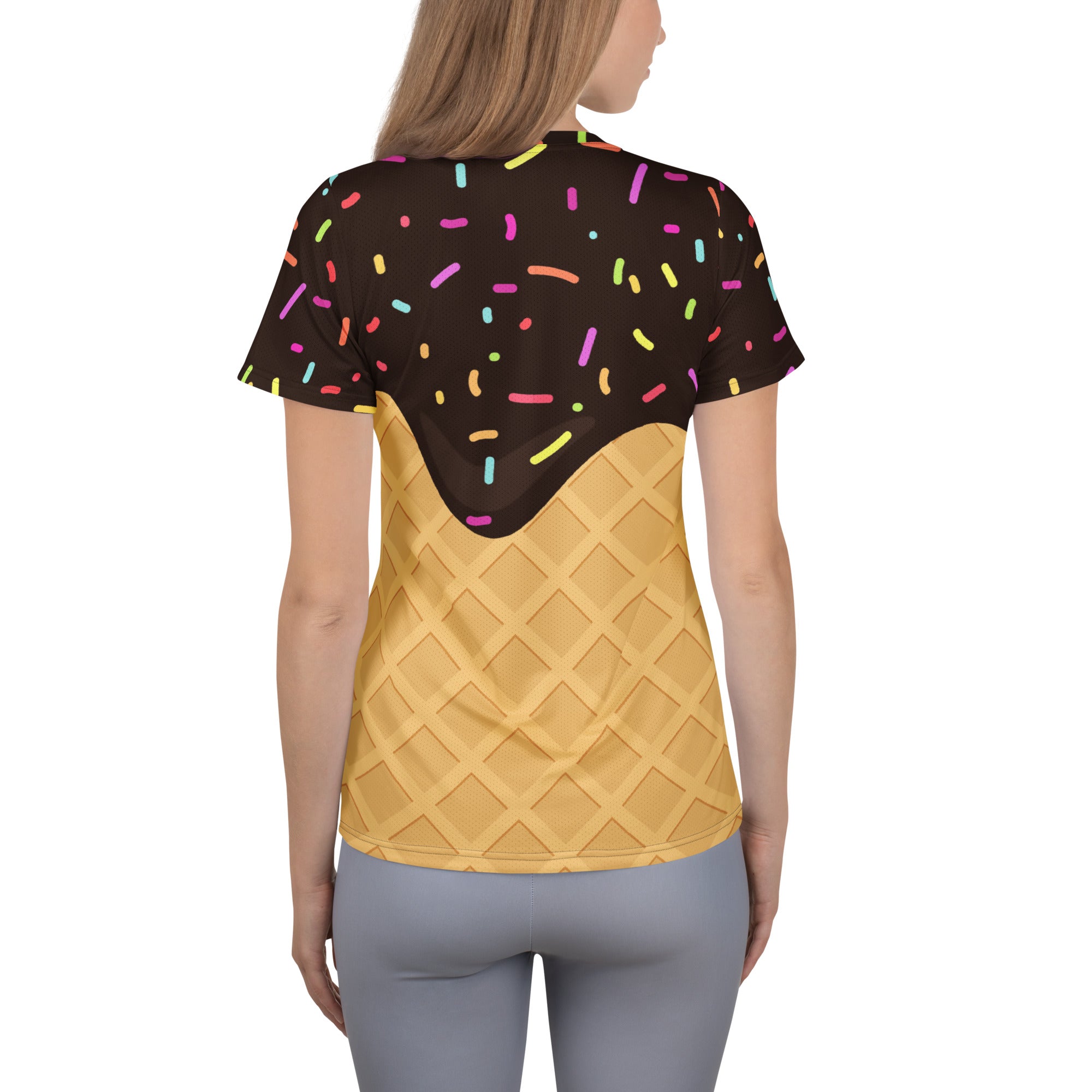 Women’s Chocolate Ice Cream Cone Performance Athletic T-Shirt - Lightweight Moisture Wicking Workout Top with UPF 50+