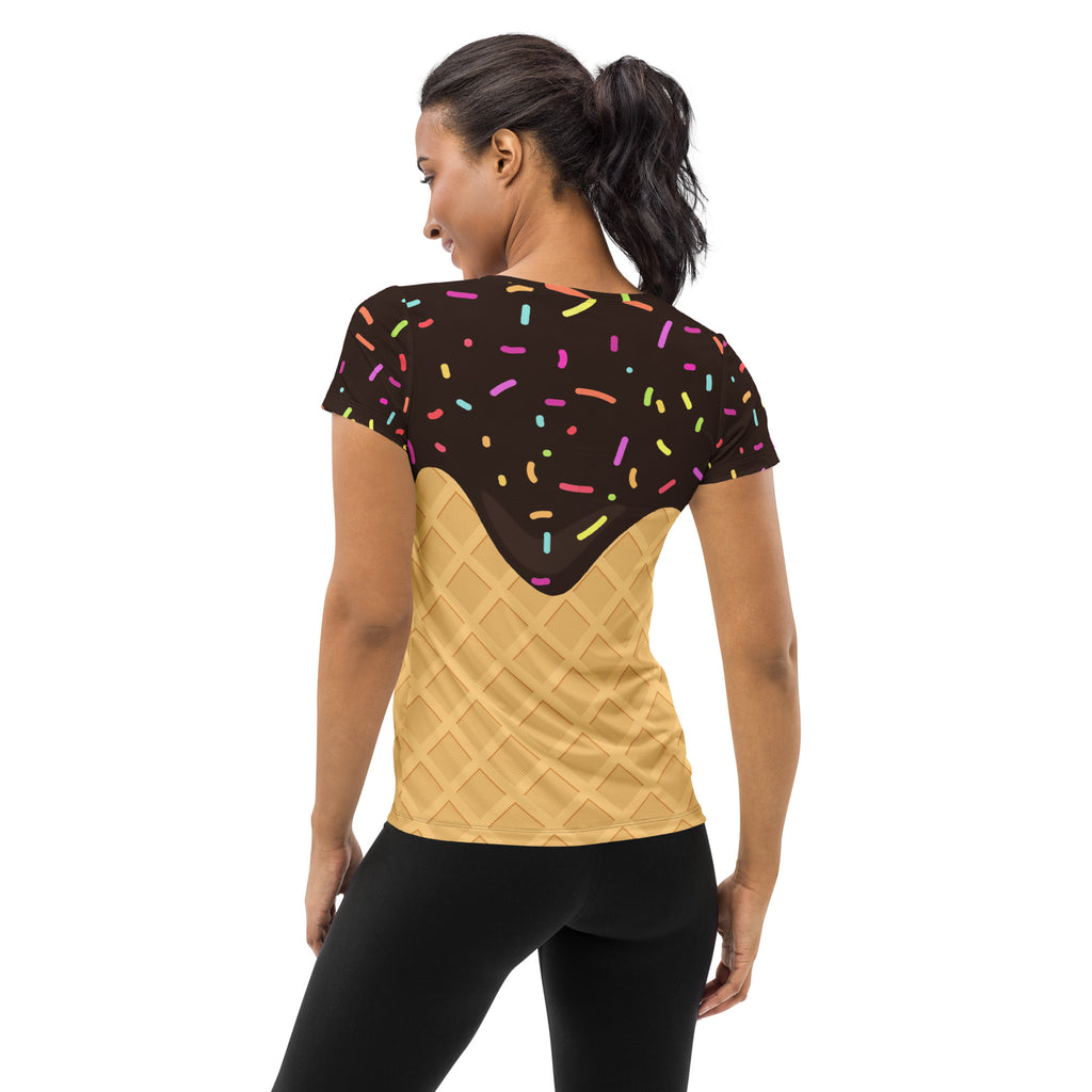 Women’s Chocolate Ice Cream Cone Performance Athletic T-Shirt - Lightweight Moisture Wicking Workout Top with UPF 50+