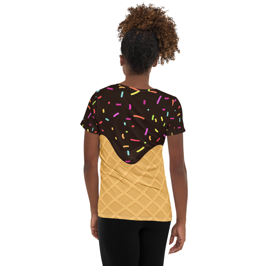 Women’s Chocolate Ice Cream Cone Performance Athletic T-Shirt - Lightweight Moisture Wicking Workout Top with UPF 50+