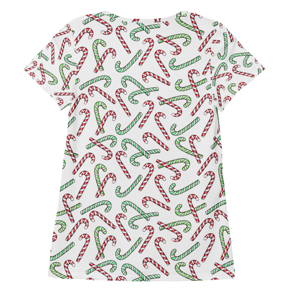 Women’s Red & Green Candy Cane Christmas Performance Athletic T-Shirt - Lightweight Moisture Wicking Workout Top with UPF 50+