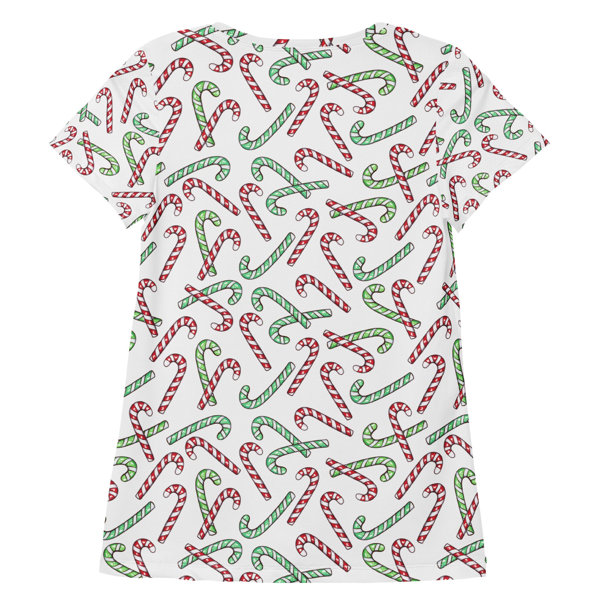 Women’s Red & Green Candy Cane Christmas Performance Athletic T-Shirt - Lightweight Moisture Wicking Workout Top with UPF 50+