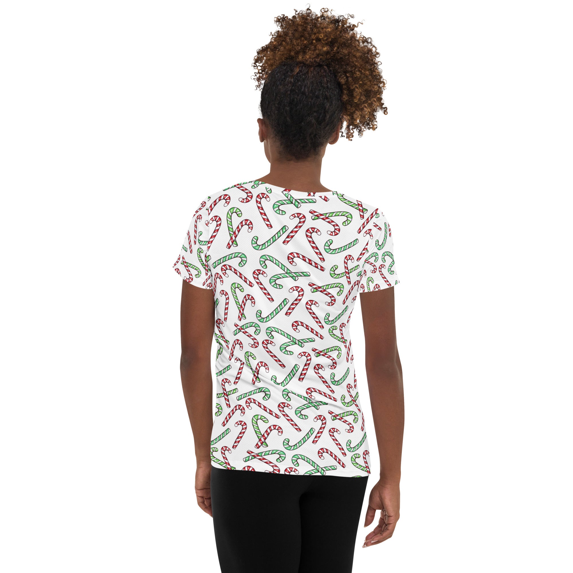 Women’s Red & Green Candy Cane Christmas Performance Athletic T-Shirt - Lightweight Moisture Wicking Workout Top with UPF 50+