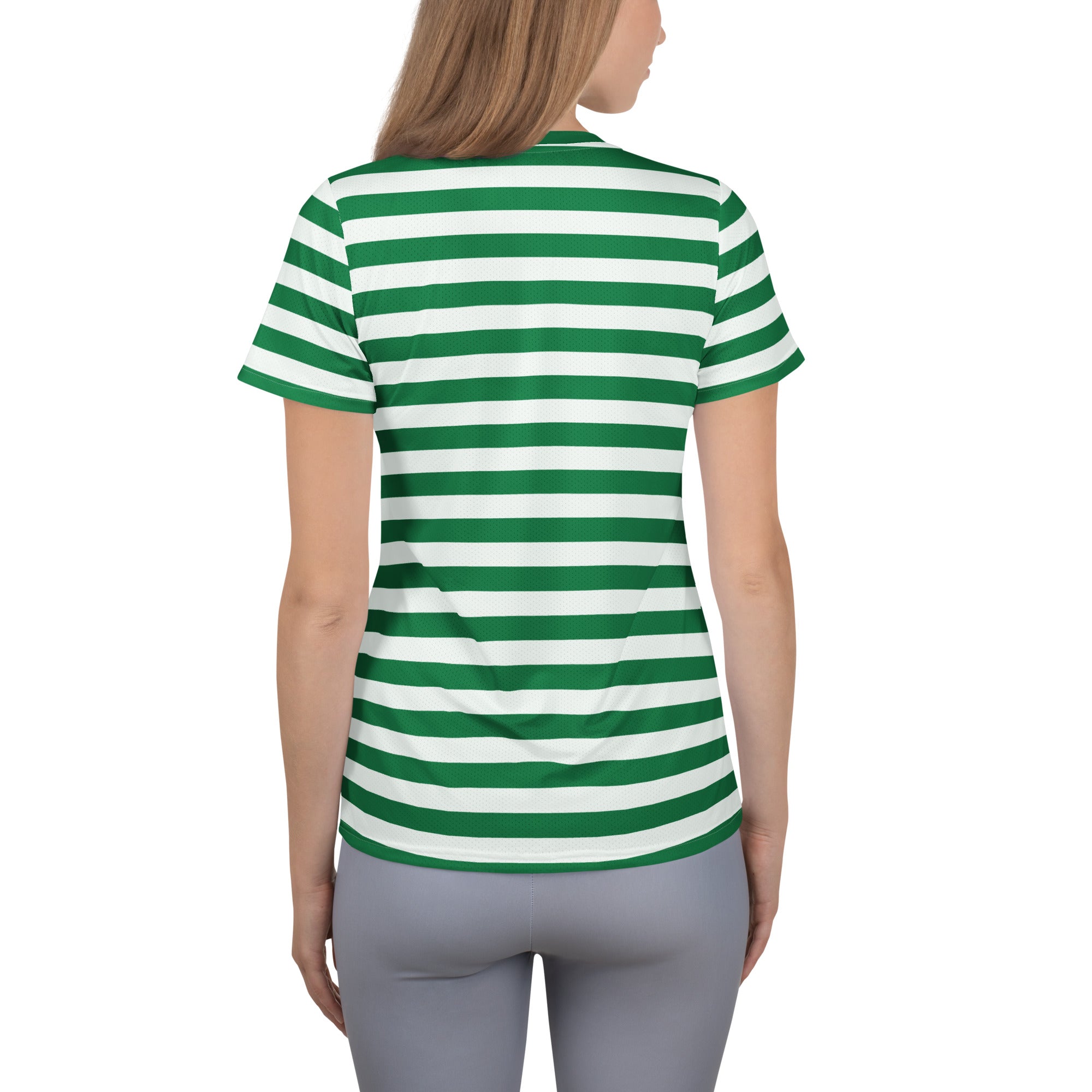 Women’s Striped Green Christmas Performance Athletic T-Shirt - Lightweight Moisture Wicking Workout Top with UPF 50+