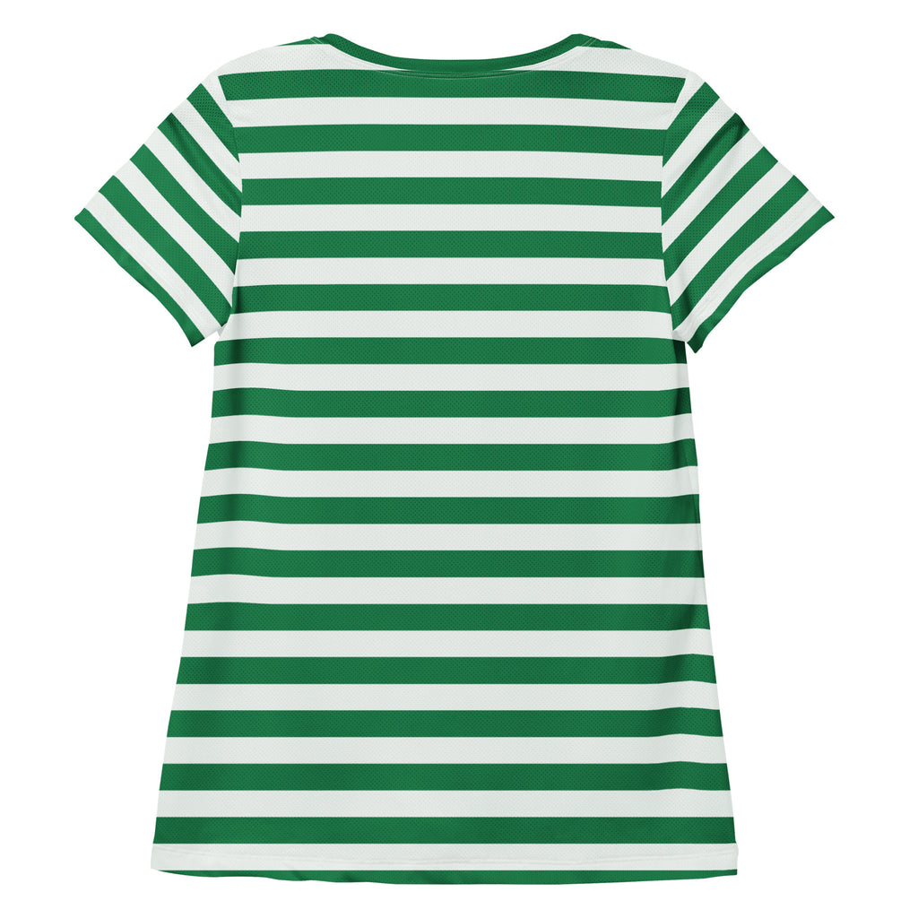 Women’s Striped Green Christmas Performance Athletic T-Shirt - Lightweight Moisture Wicking Workout Top with UPF 50+