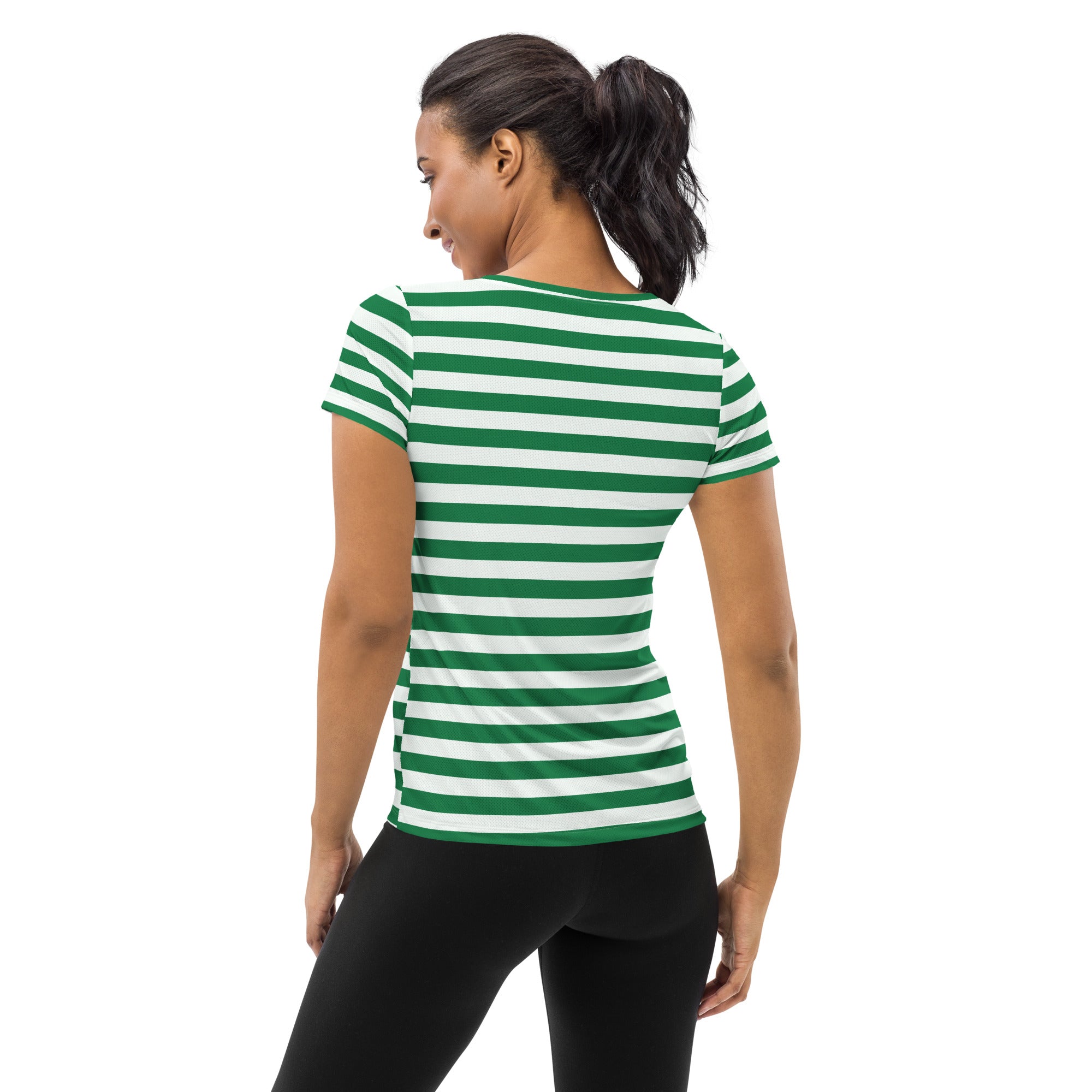 Women’s Striped Green Christmas Performance Athletic T-Shirt - Lightweight Moisture Wicking Workout Top with UPF 50+