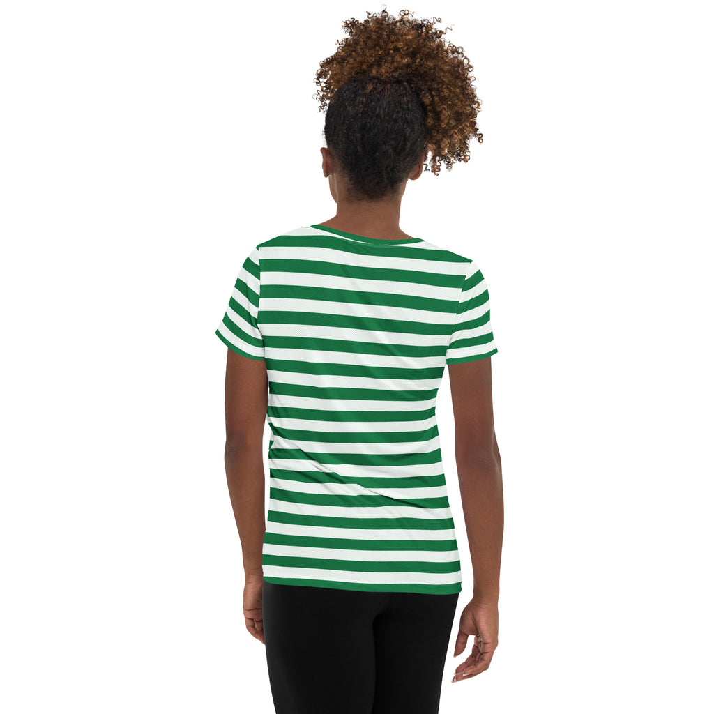 Women’s Striped Green Christmas Performance Athletic T-Shirt - Lightweight Moisture Wicking Workout Top with UPF 50+