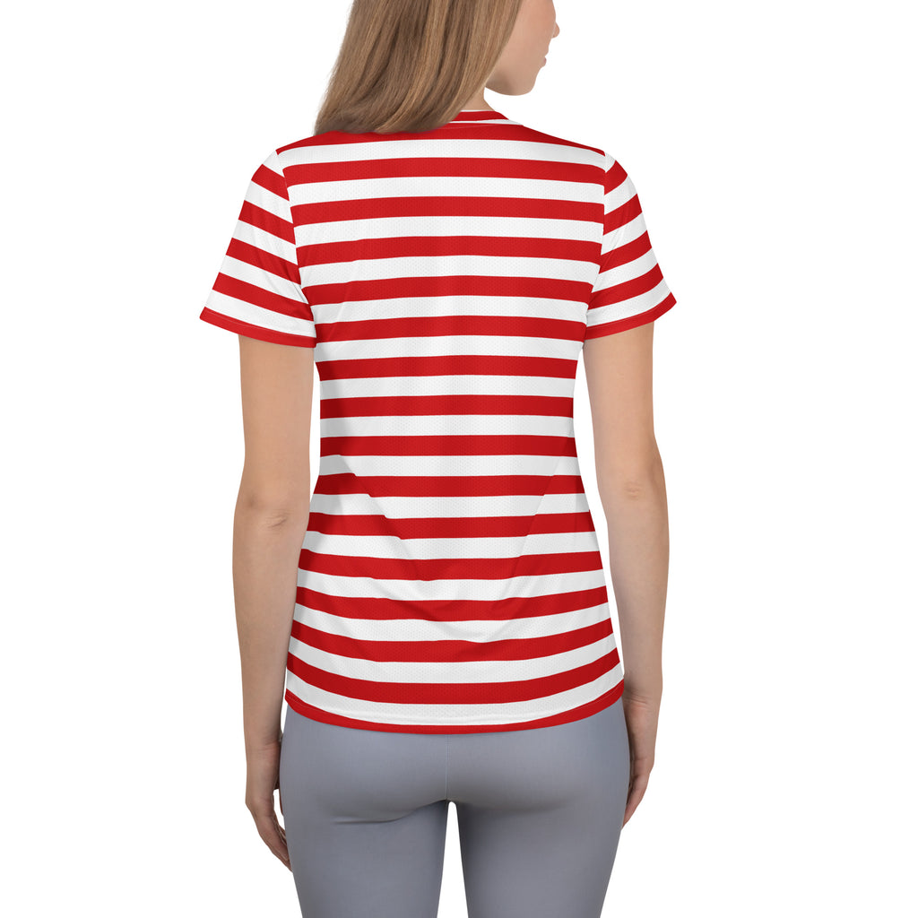 Women’s Striped Red Christmas Performance Athletic T-Shirt - Lightweight Moisture Wicking Workout Top with UPF 50+