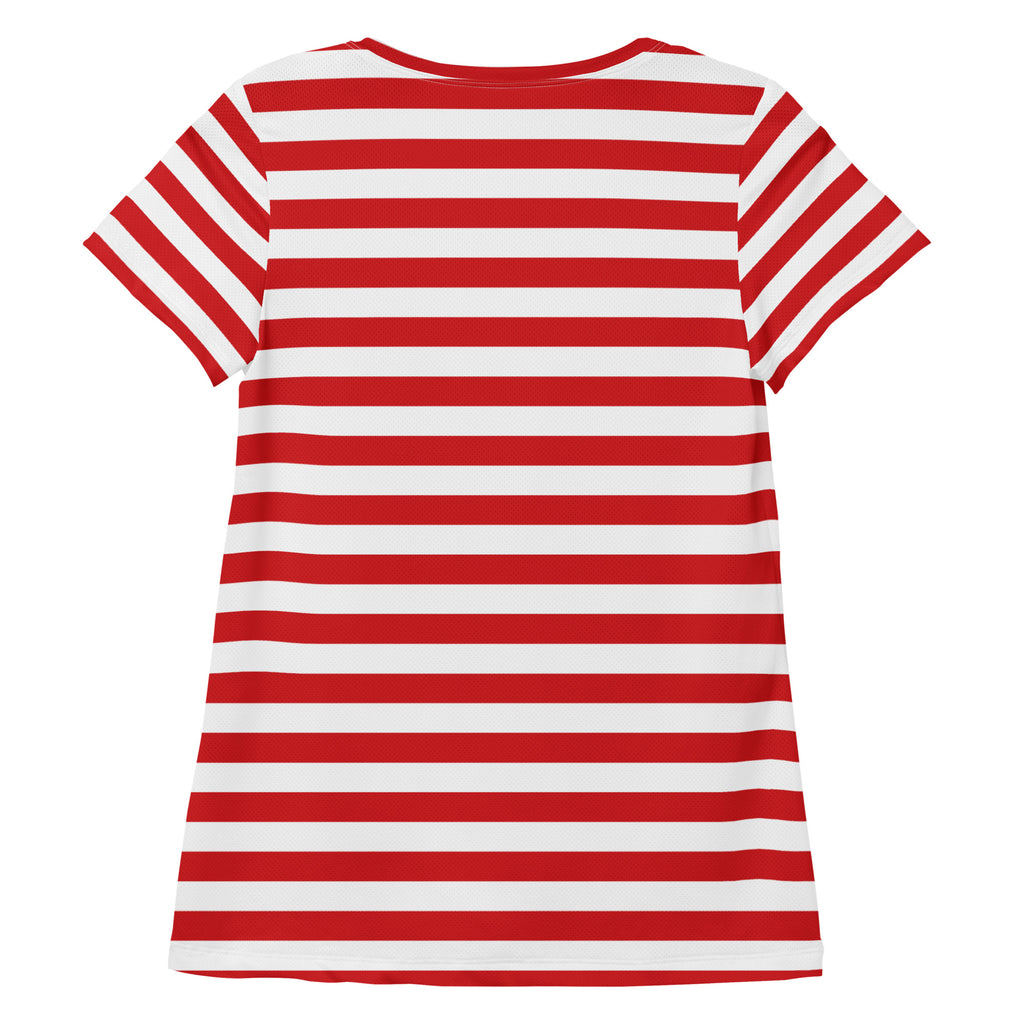 Women’s Striped Red Christmas Performance Athletic T-Shirt - Lightweight Moisture Wicking Workout Top with UPF 50+
