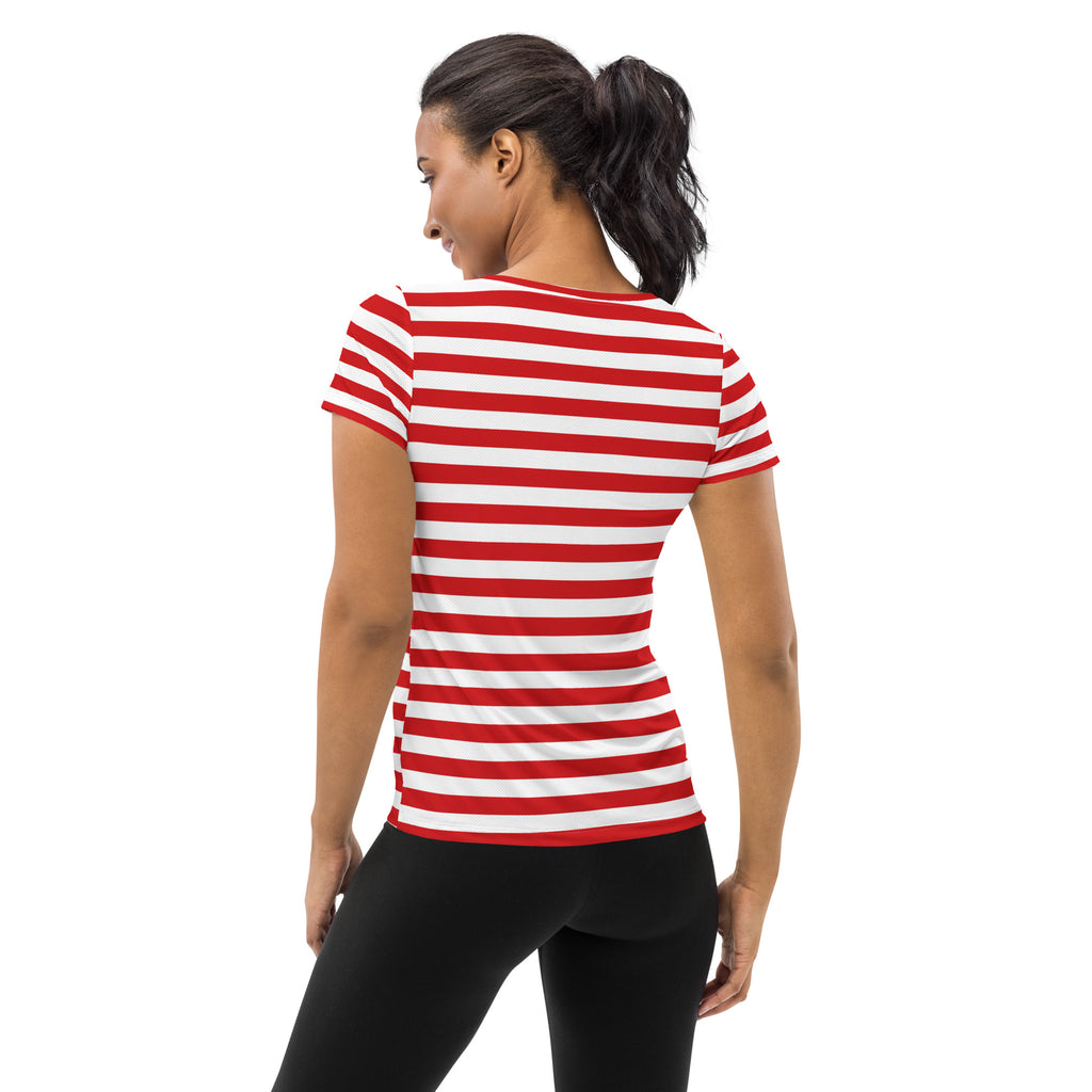 Women’s Striped Red Christmas Performance Athletic T-Shirt - Lightweight Moisture Wicking Workout Top with UPF 50+
