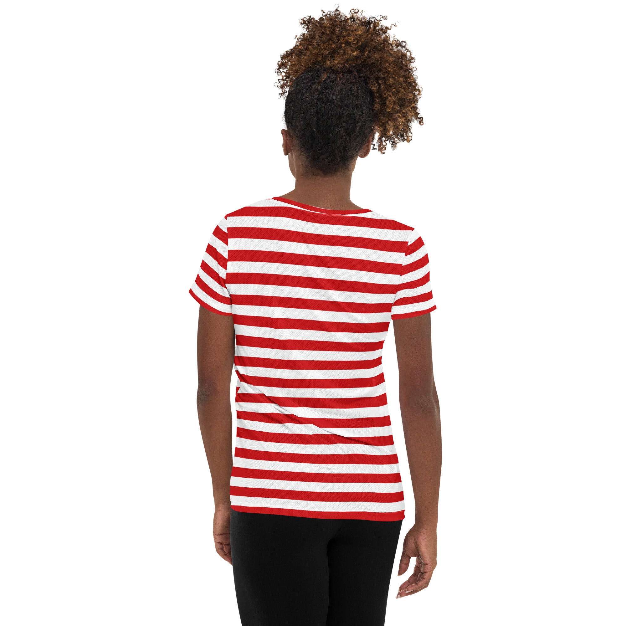 Women’s Striped Red Christmas Performance Athletic T-Shirt - Lightweight Moisture Wicking Workout Top with UPF 50+