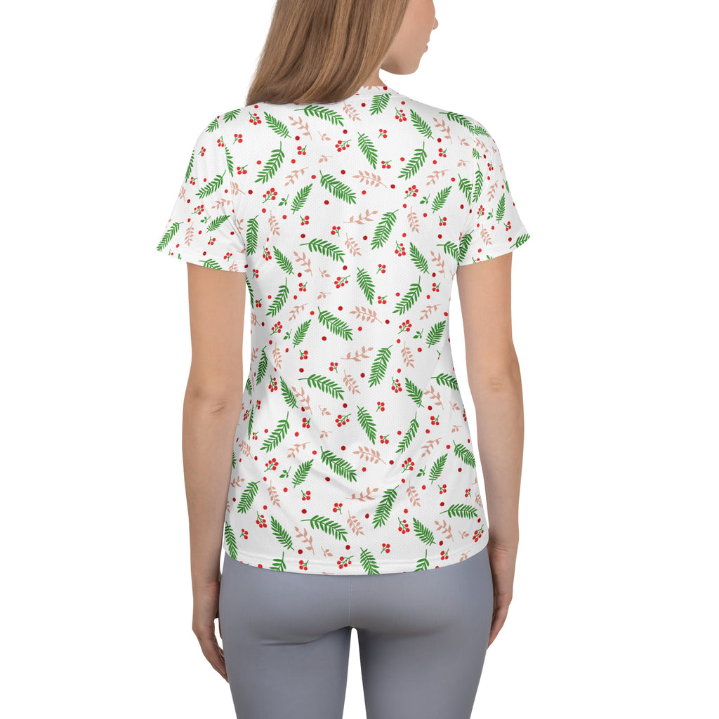Women’s Christmas Holly Berry Performance Athletic T-Shirt - Lightweight Moisture Wicking Workout Top with UPF 50+