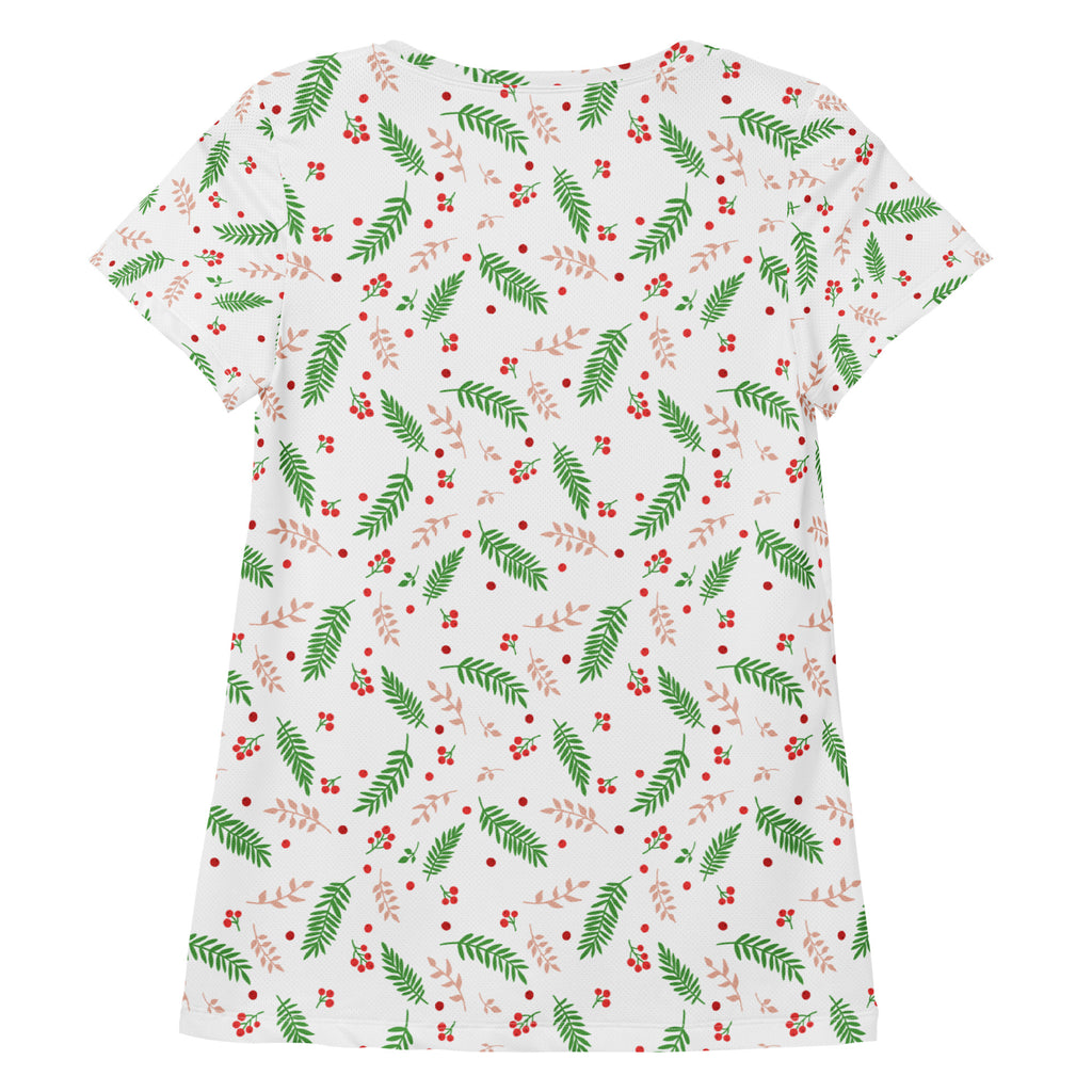 Women’s Christmas Holly Berry Performance Athletic T-Shirt - Lightweight Moisture Wicking Workout Top with UPF 50+