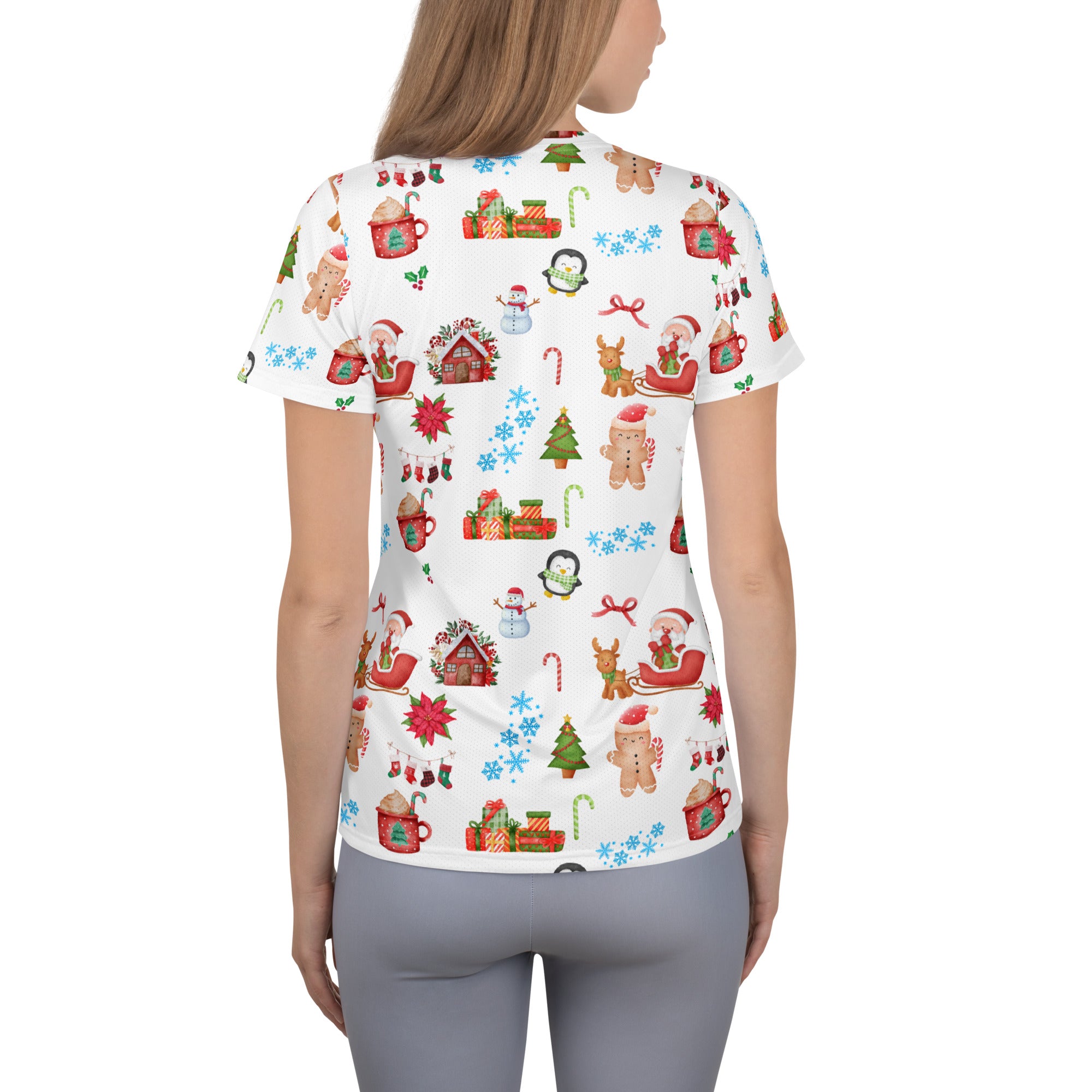 Women’s Christmas Themed Performance Athletic T-Shirt - Lightweight Moisture Wicking Workout Top with UPF 50+