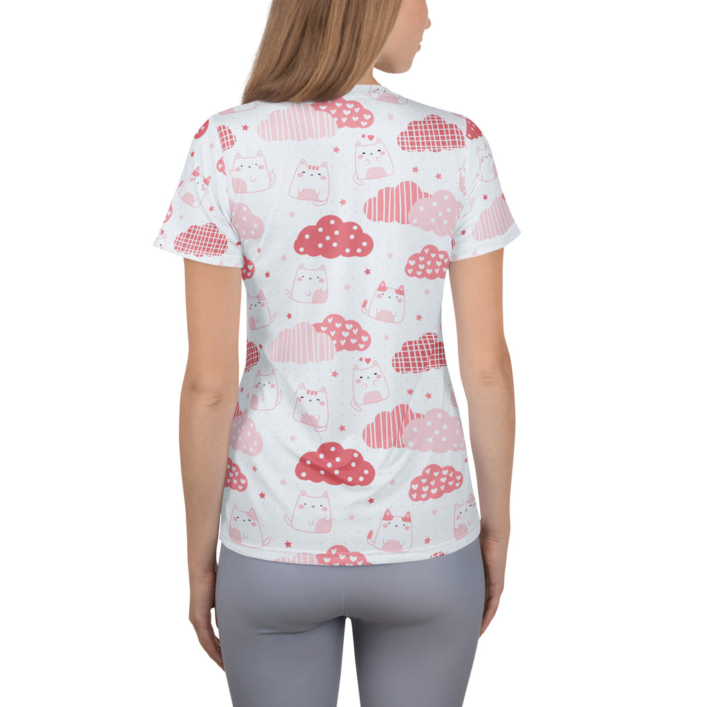 Women’s Kawaii Cats & Clouds Performance Athletic T-Shirt - Lightweight Moisture Wicking Workout Top with UPF 50+