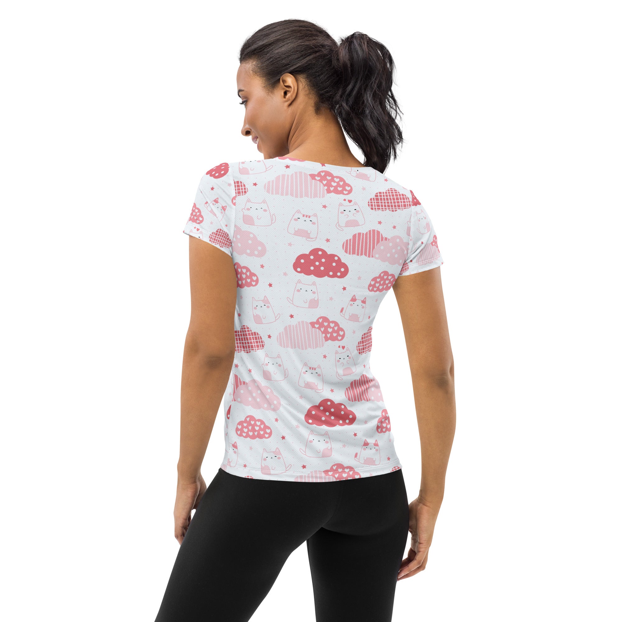 Women’s Kawaii Cats & Clouds Performance Athletic T-Shirt - Lightweight Moisture Wicking Workout Top with UPF 50+