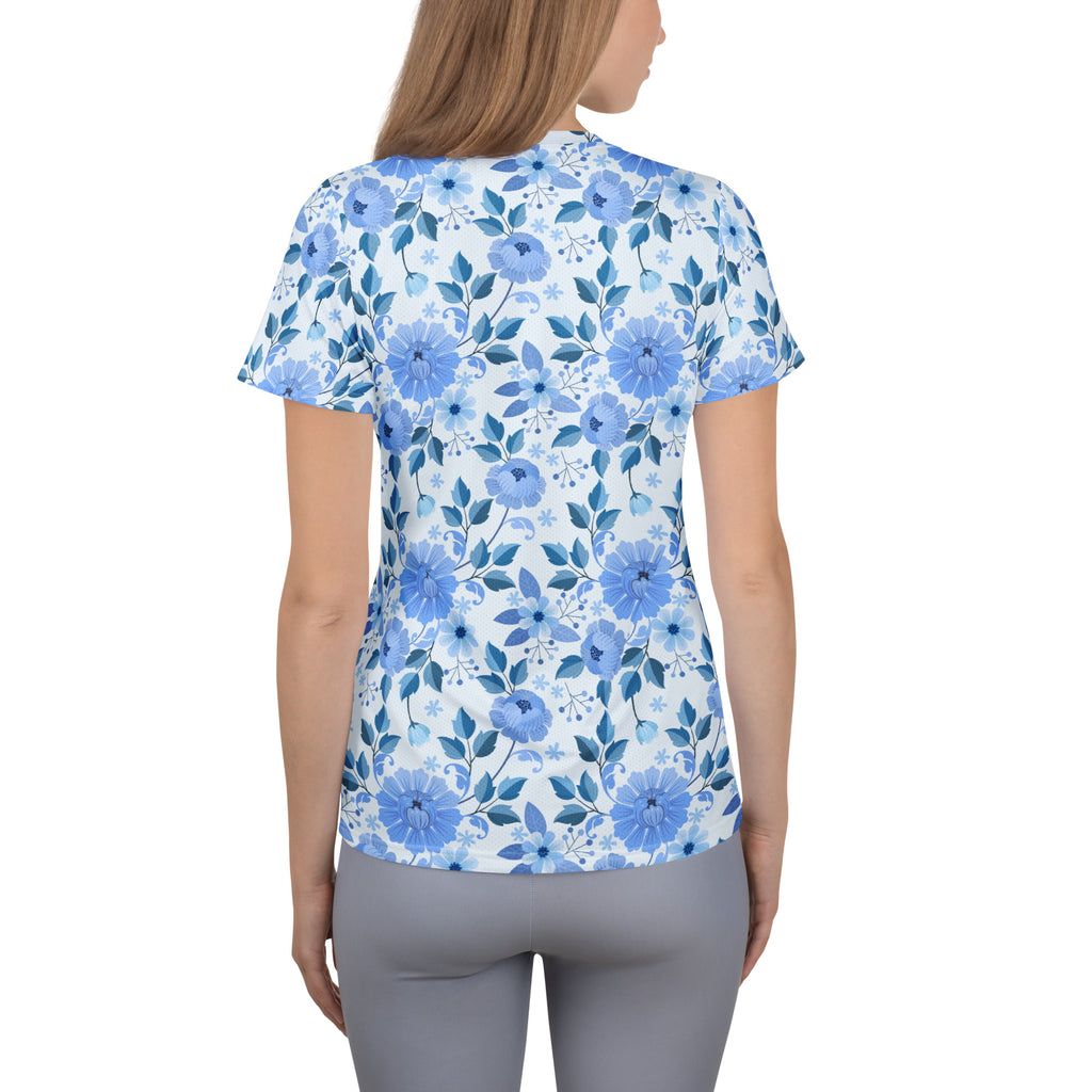 Women’s Blue Floral Performance Athletic T-Shirt - Lightweight Moisture Wicking Workout Top with UPF 50+