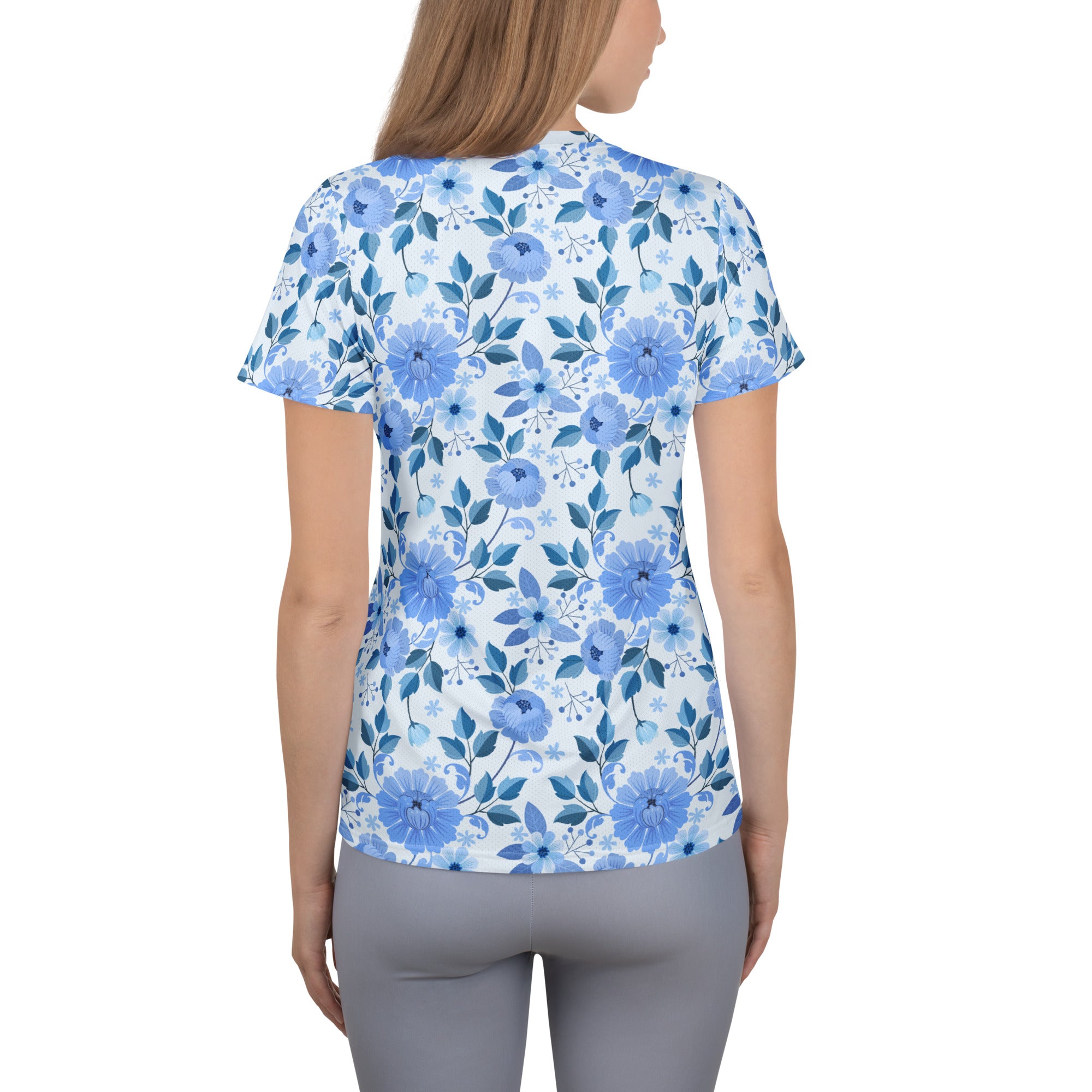 Women’s Blue Floral Performance Athletic T-Shirt - Lightweight Moisture Wicking Workout Top with UPF 50+