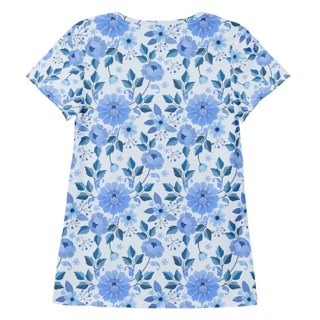 Women’s Blue Floral Performance Athletic T-Shirt - Lightweight Moisture Wicking Workout Top with UPF 50+