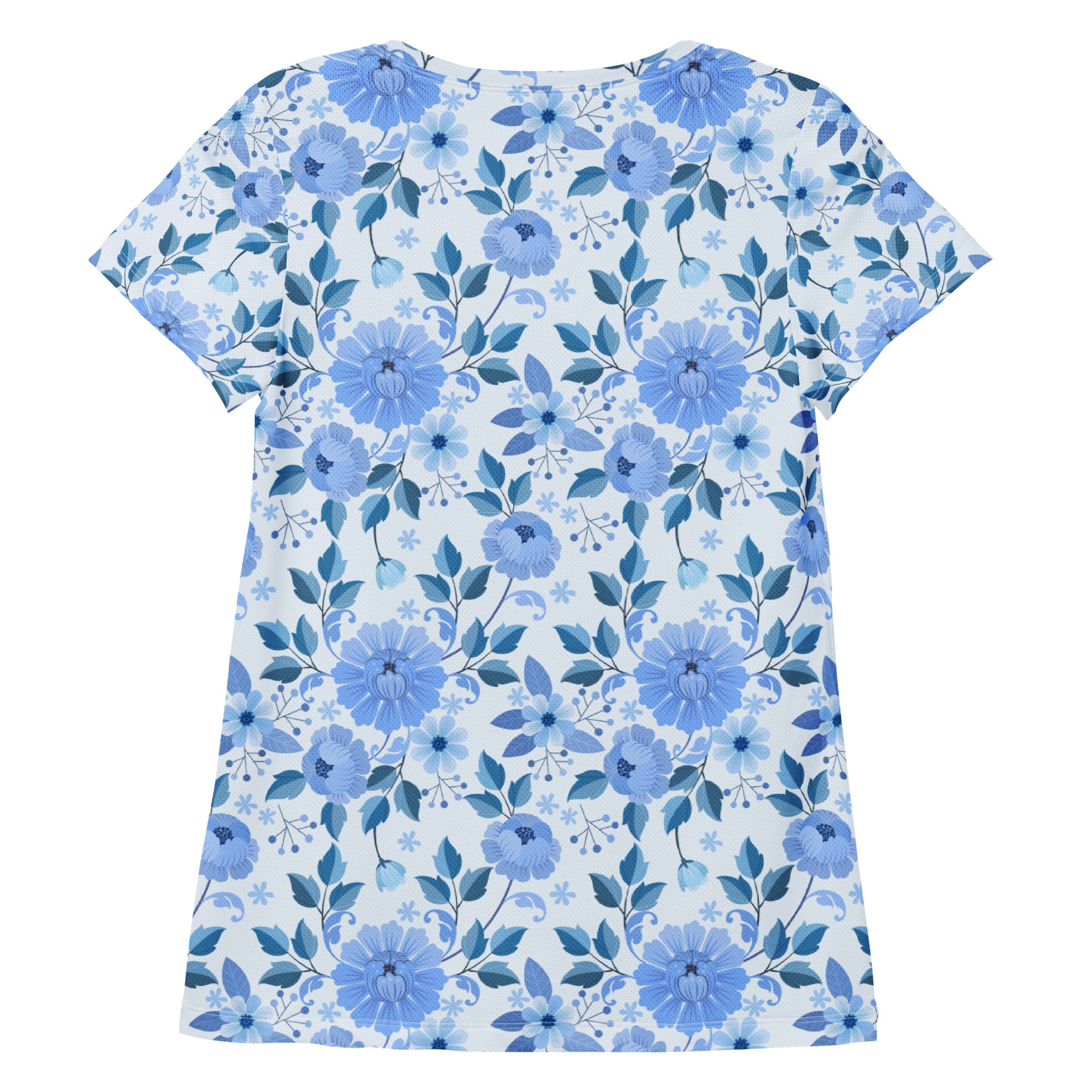 Women’s Blue Floral Performance Athletic T-Shirt - Lightweight Moisture Wicking Workout Top with UPF 50+