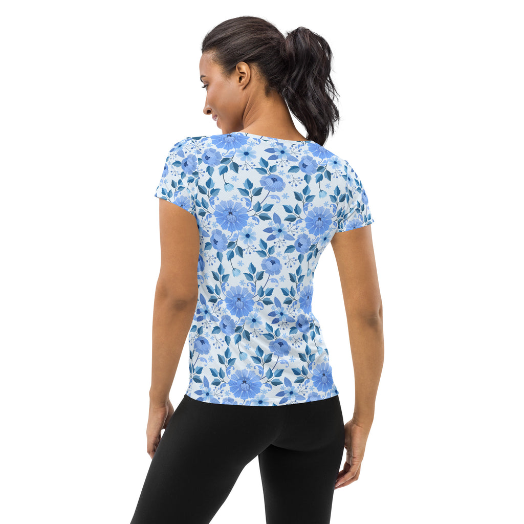 Women’s Blue Floral Performance Athletic T-Shirt - Lightweight Moisture Wicking Workout Top with UPF 50+
