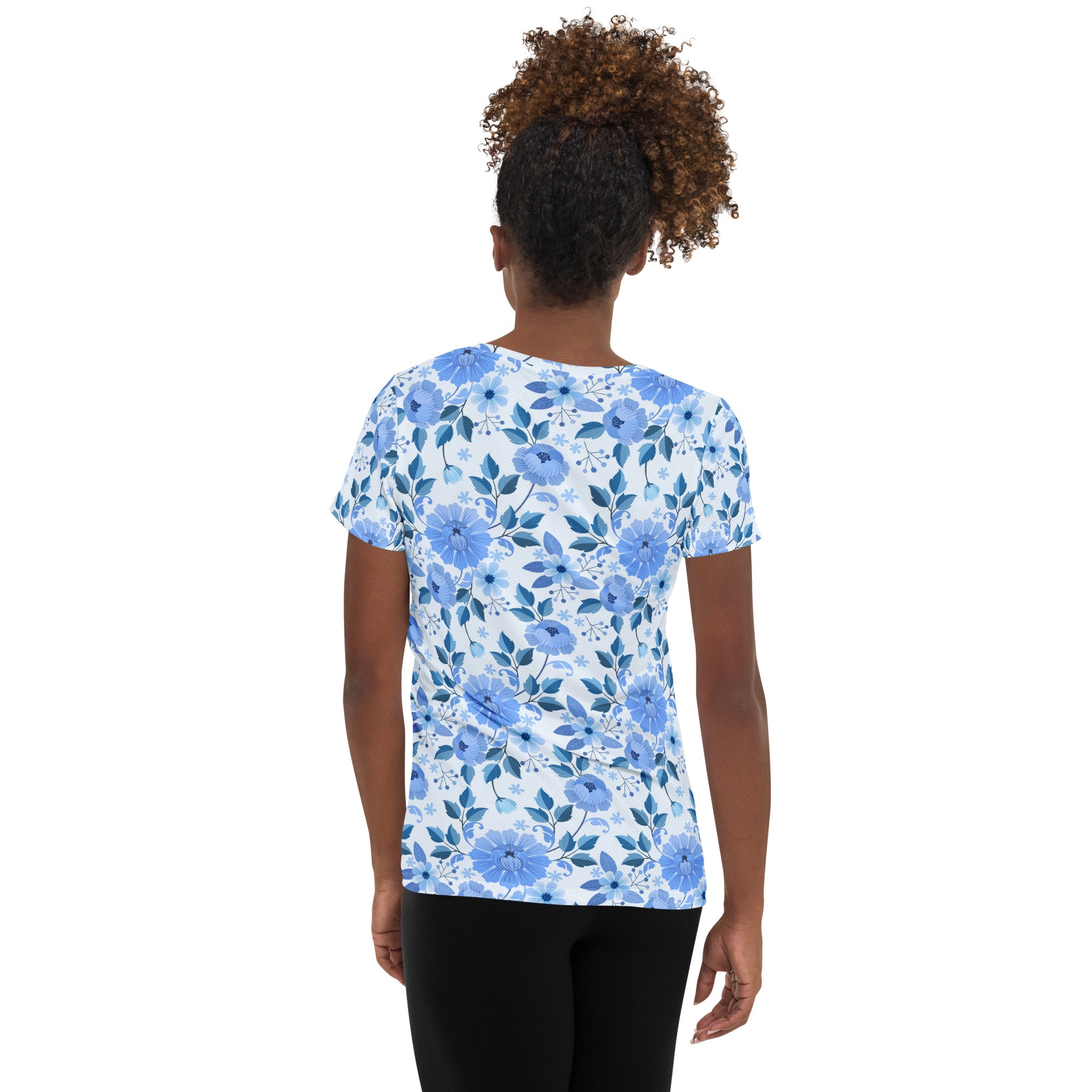 Women’s Blue Floral Performance Athletic T-Shirt - Lightweight Moisture Wicking Workout Top with UPF 50+