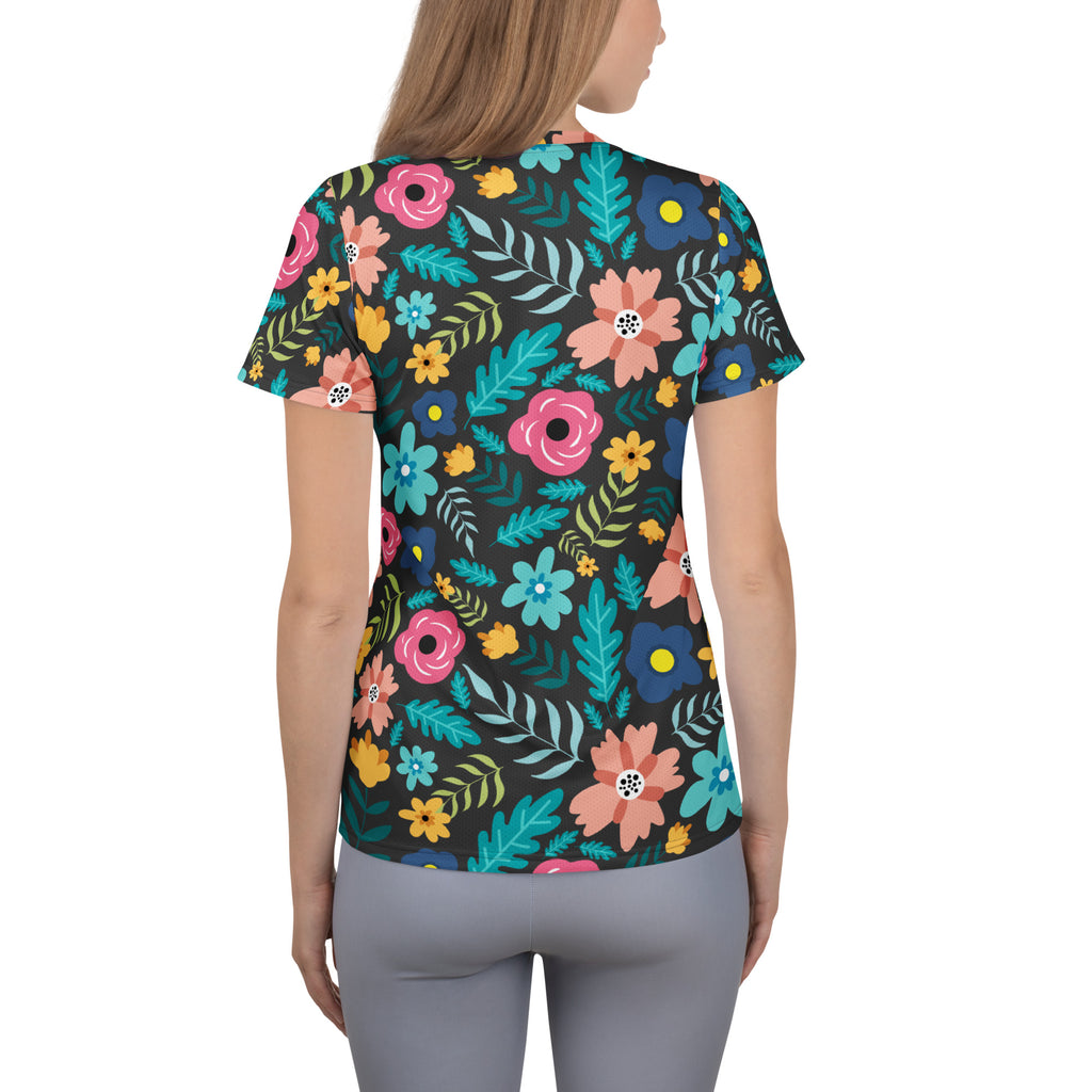 Women’s Dark Botanical Floral Performance Athletic T-Shirt - Lightweight Moisture Wicking Workout Top with UPF 50+