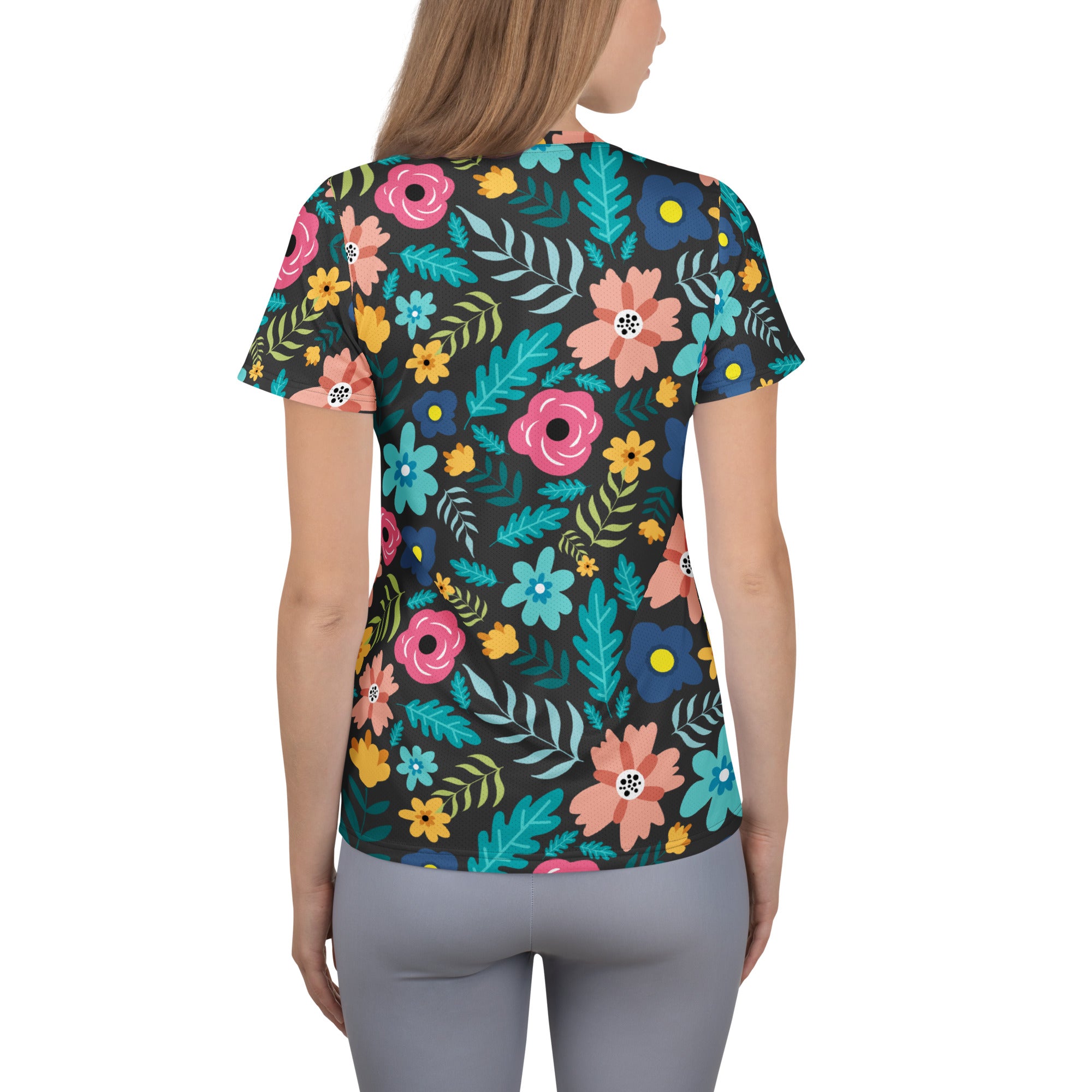 Women’s Dark Botanical Floral Performance Athletic T-Shirt - Lightweight Moisture Wicking Workout Top with UPF 50+