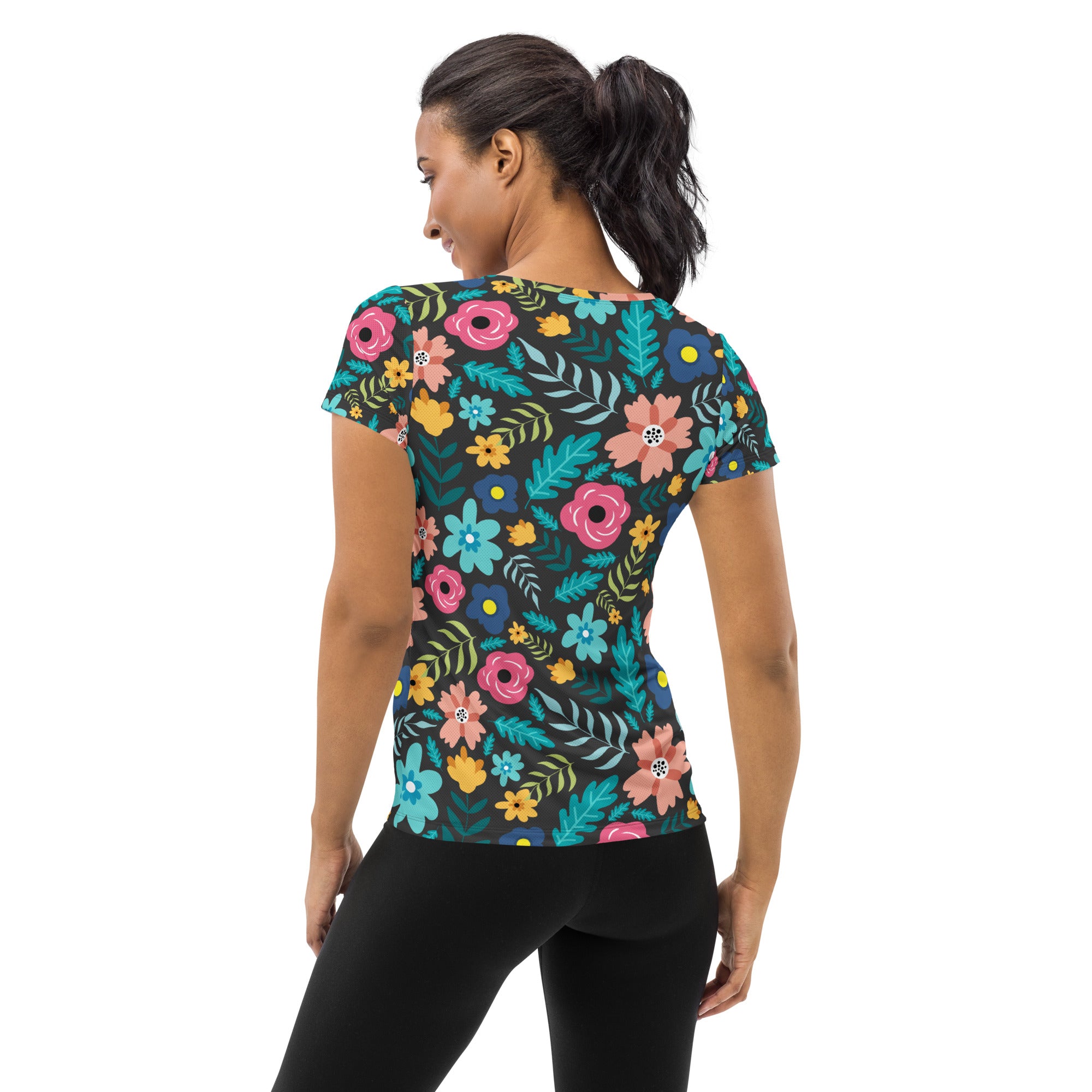 Women’s Dark Botanical Floral Performance Athletic T-Shirt - Lightweight Moisture Wicking Workout Top with UPF 50+