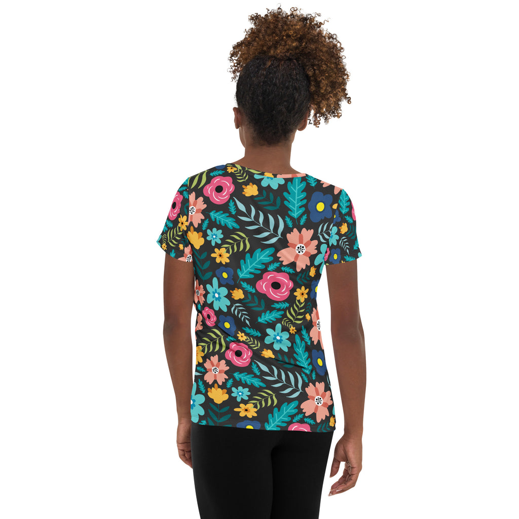 Women’s Dark Botanical Floral Performance Athletic T-Shirt - Lightweight Moisture Wicking Workout Top with UPF 50+