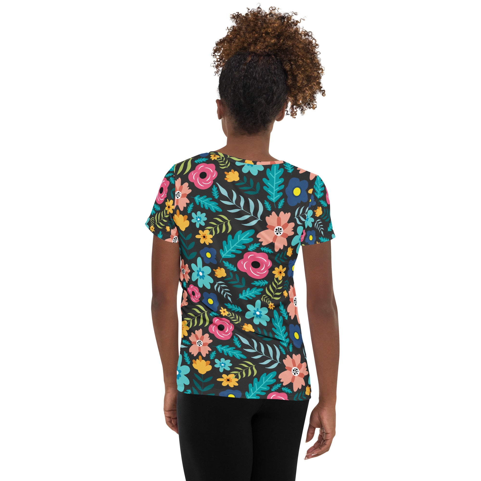 Women’s Dark Botanical Floral Performance Athletic T-Shirt - Lightweight Moisture Wicking Workout Top with UPF 50+