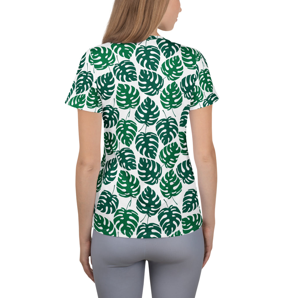 Women’s Monstera Leaf Performance Athletic T-Shirt - Lightweight Moisture Wicking Workout Top with UPF 50+