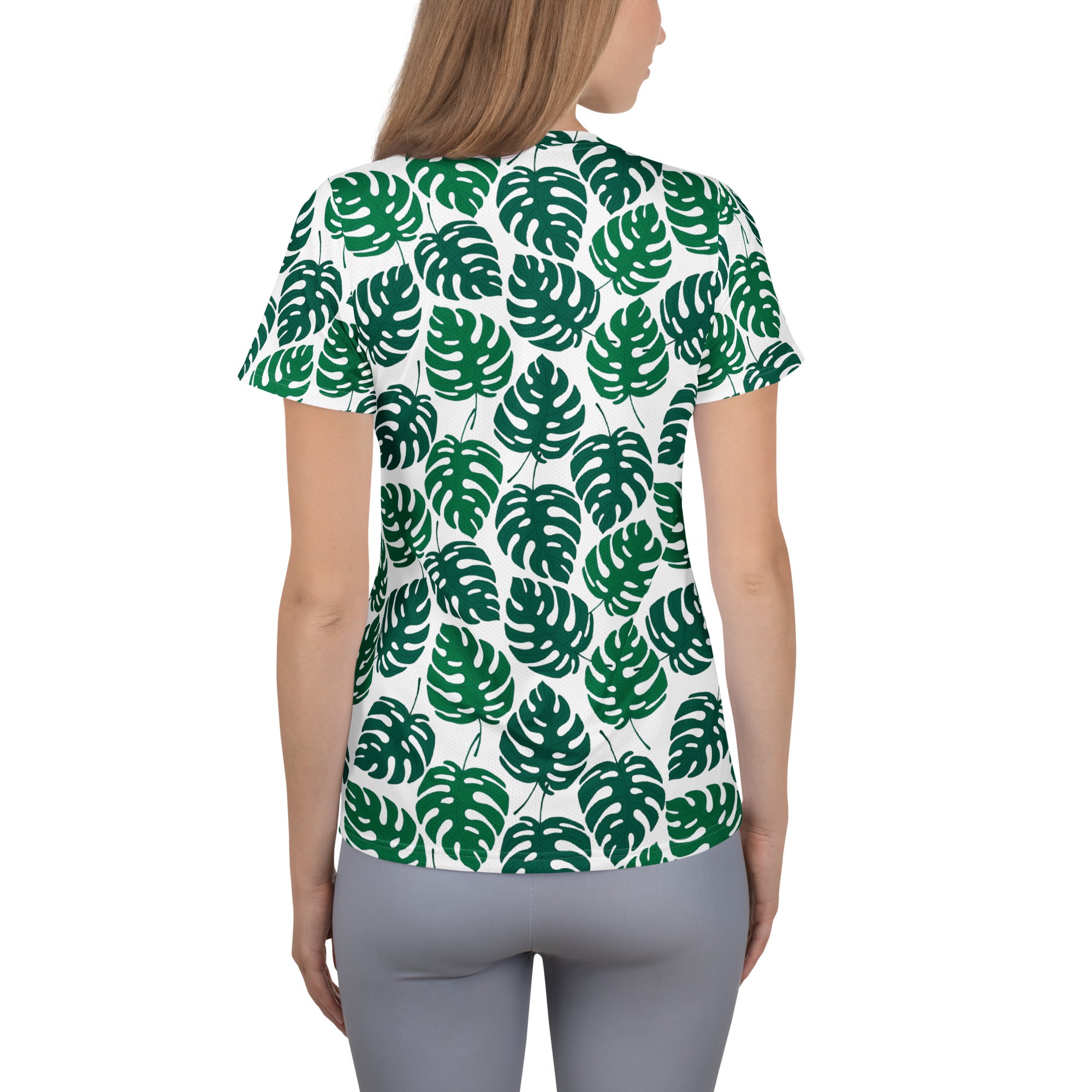 Women’s Monstera Leaf Performance Athletic T-Shirt - Lightweight Moisture Wicking Workout Top with UPF 50+