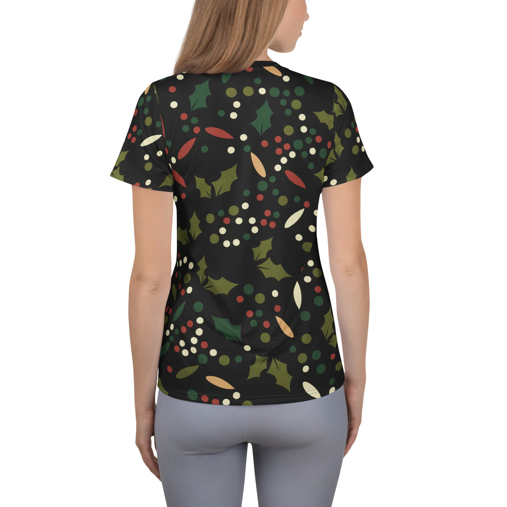 Women’s Christmas Holly Performance Athletic T-Shirt - Lightweight Moisture Wicking Workout Top with UPF 50+