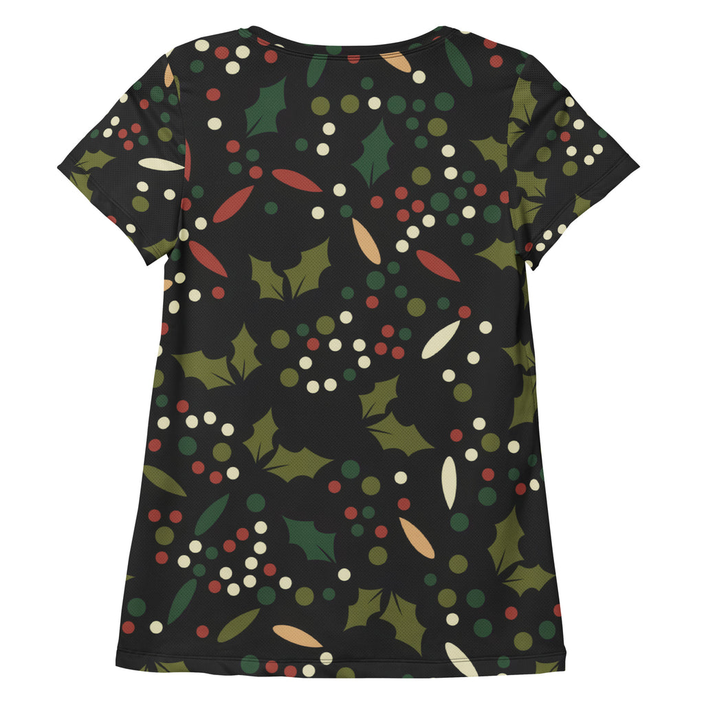 Women’s Christmas Holly Performance Athletic T-Shirt - Lightweight Moisture Wicking Workout Top with UPF 50+