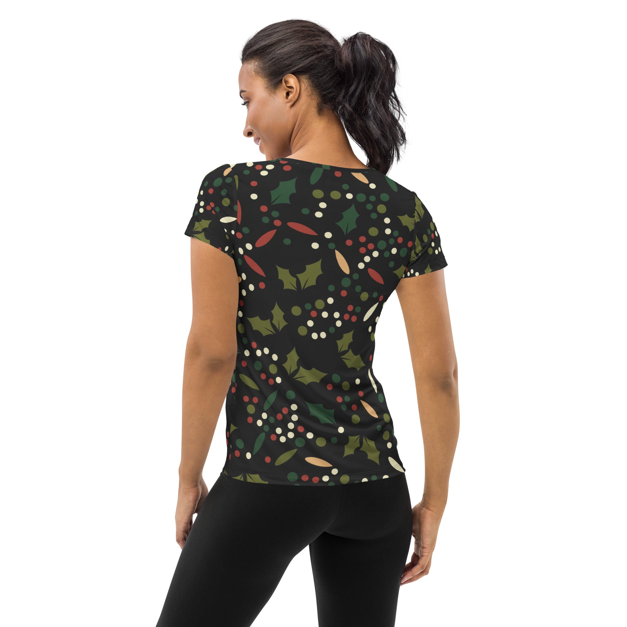 Women’s Christmas Holly Performance Athletic T-Shirt - Lightweight Moisture Wicking Workout Top with UPF 50+