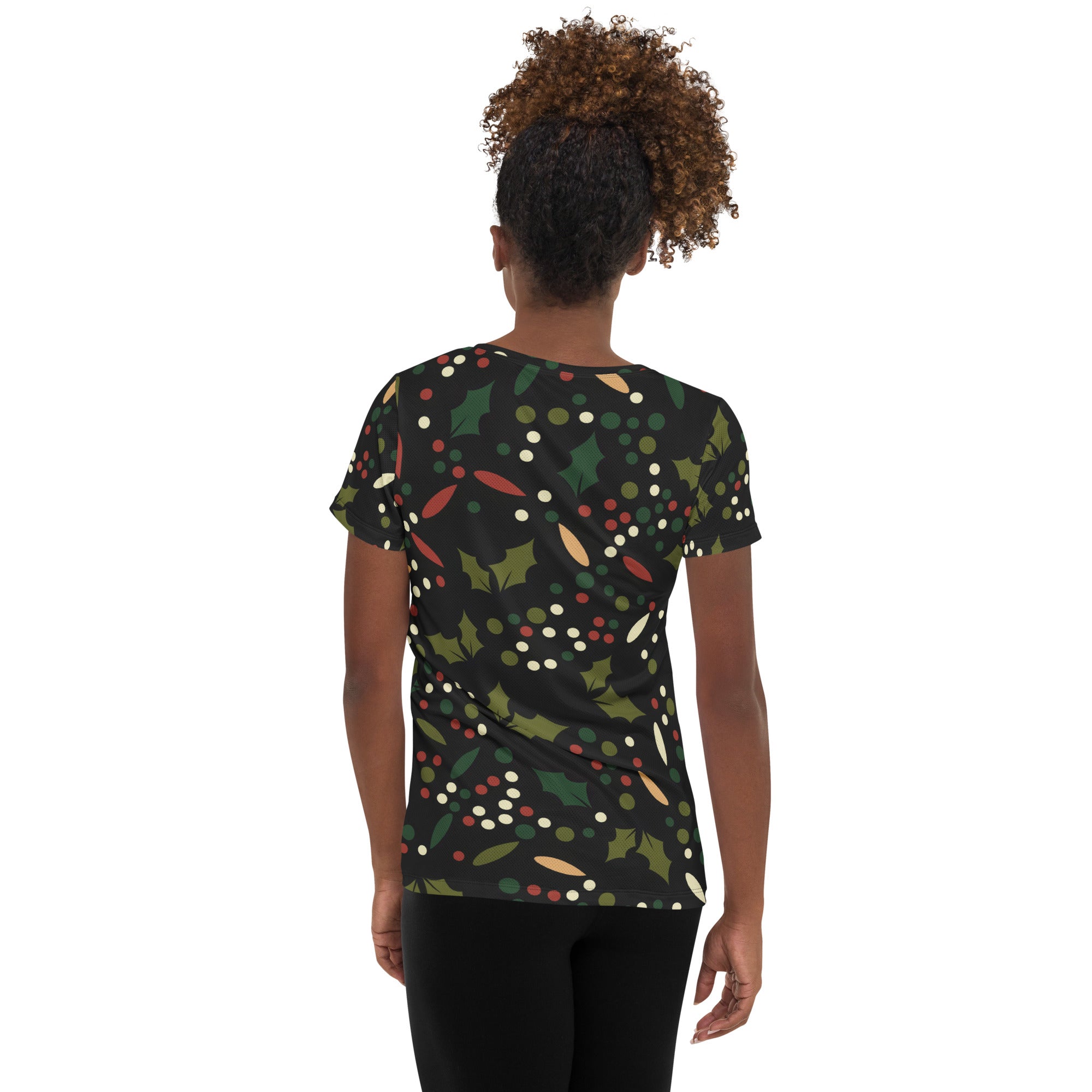 Women’s Christmas Holly Performance Athletic T-Shirt - Lightweight Moisture Wicking Workout Top with UPF 50+