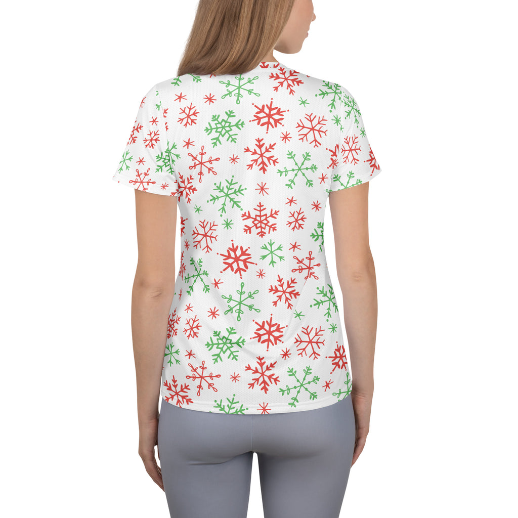 Women’s Red & Green Candy Cane Snowflake Performance Athletic T-Shirt - Lightweight Moisture Wicking Workout Top with UPF 50+