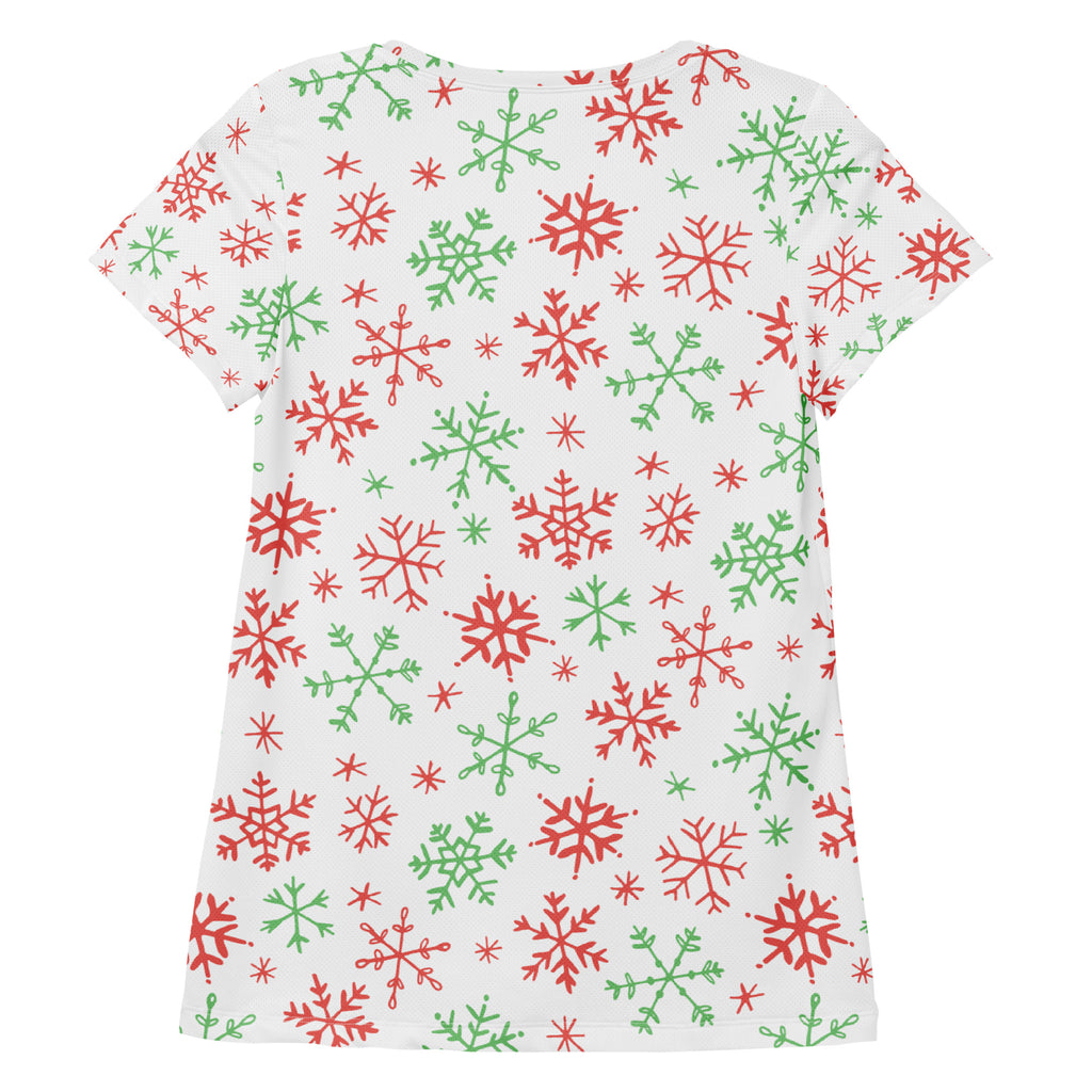 Women’s Red & Green Candy Cane Snowflake Performance Athletic T-Shirt - Lightweight Moisture Wicking Workout Top with UPF 50+