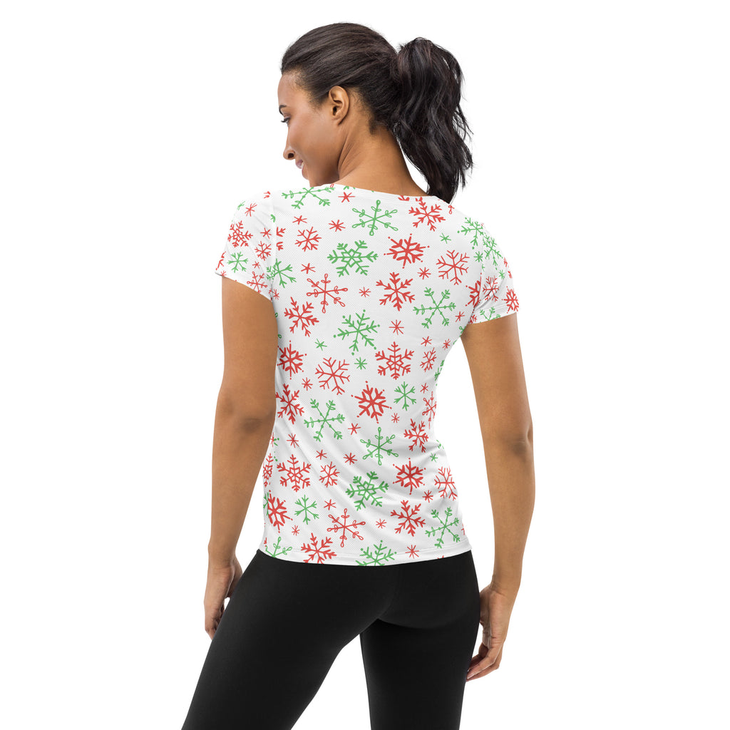 Women’s Red & Green Candy Cane Snowflake Performance Athletic T-Shirt - Lightweight Moisture Wicking Workout Top with UPF 50+