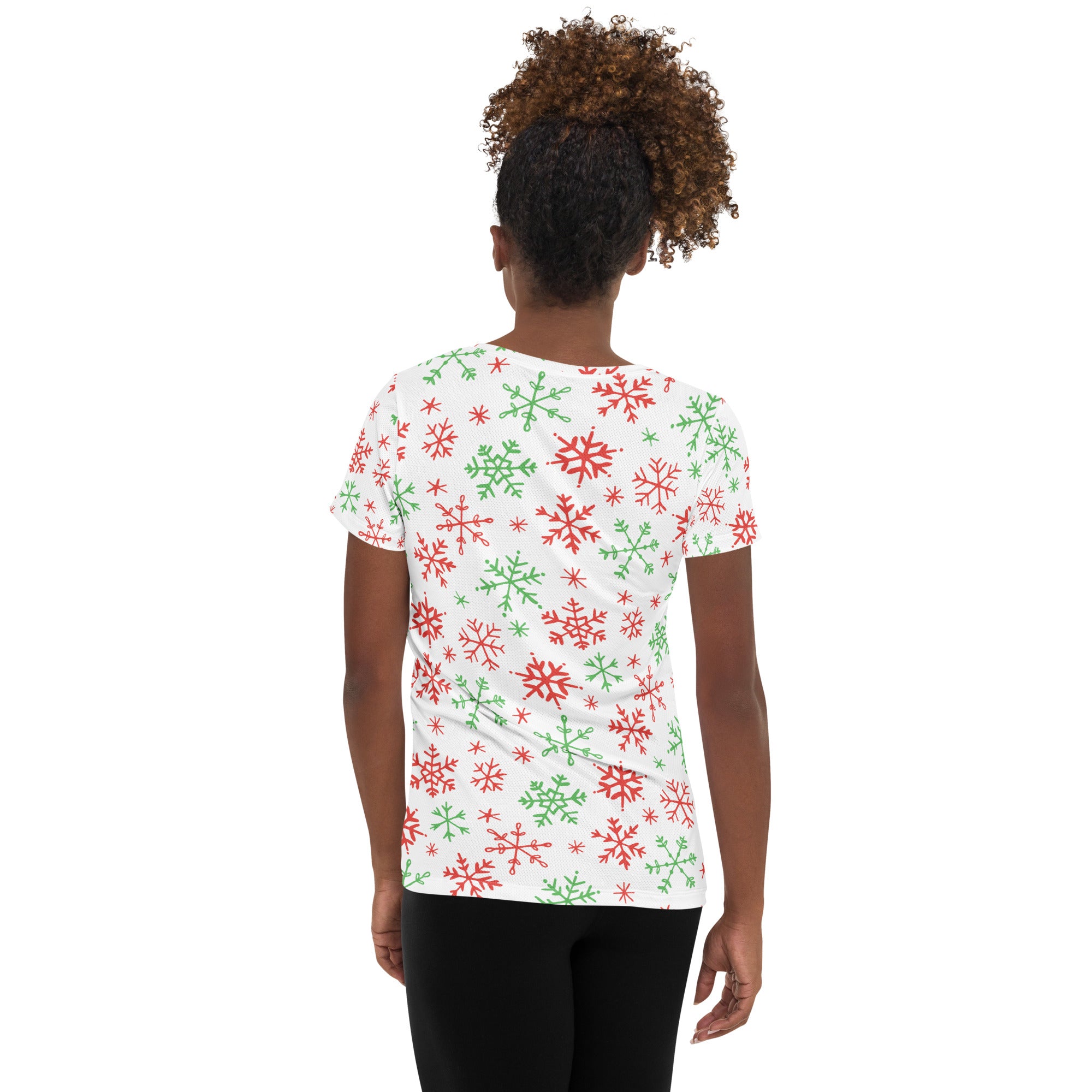 Women’s Red & Green Candy Cane Snowflake Performance Athletic T-Shirt - Lightweight Moisture Wicking Workout Top with UPF 50+