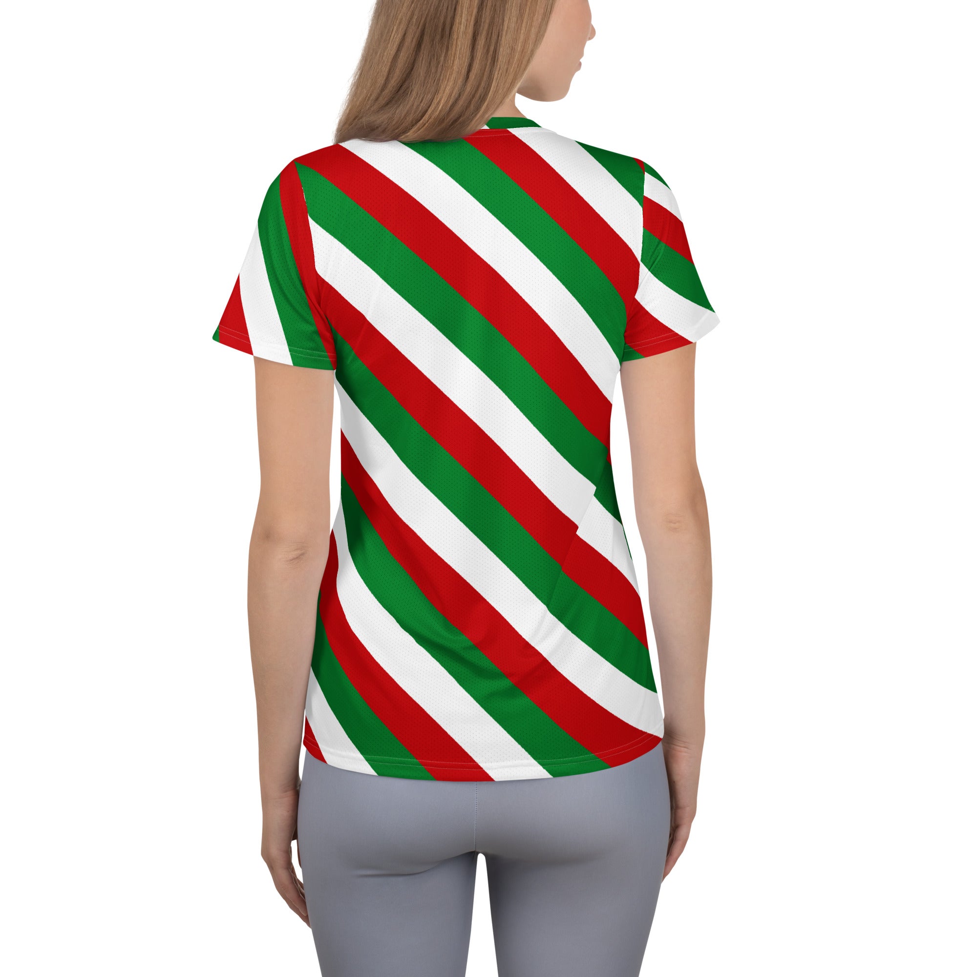 Women’s Christmas Candy Cane Stripe Performance Athletic T-Shirt - Lightweight Moisture Wicking Workout Top with UPF 50+