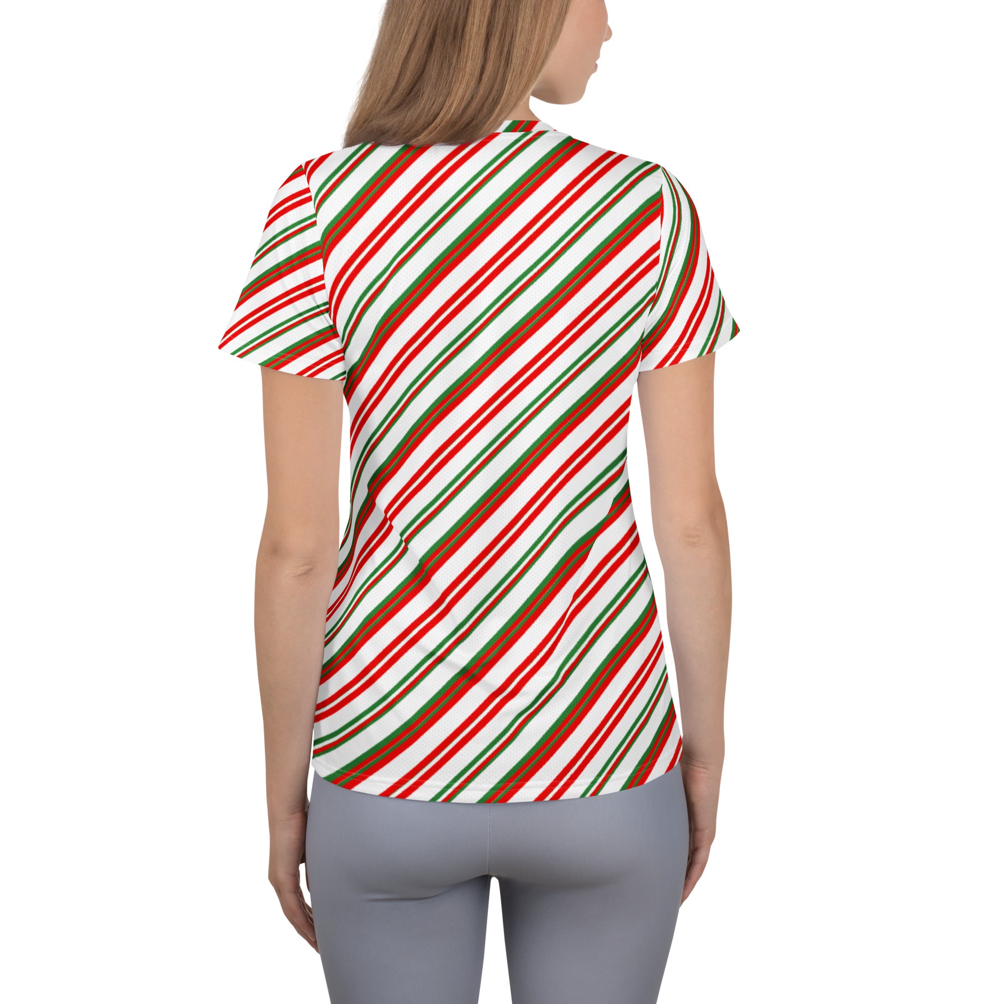 Women’s Christmas Peppermint Stripe Performance Athletic T-Shirt - Lightweight Moisture Wicking Workout Top with UPF 50+