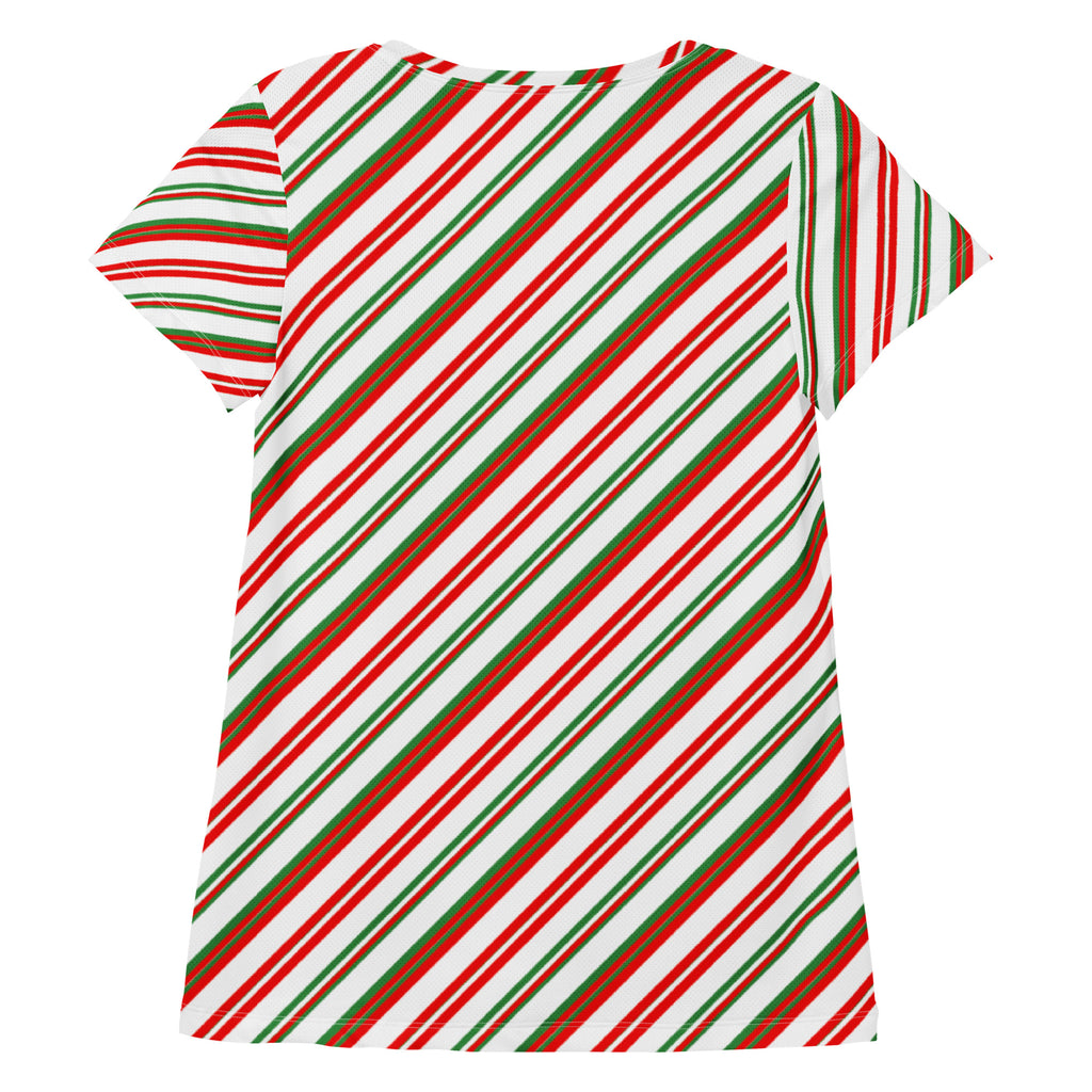 Women’s Christmas Peppermint Stripe Performance Athletic T-Shirt - Lightweight Moisture Wicking Workout Top with UPF 50+