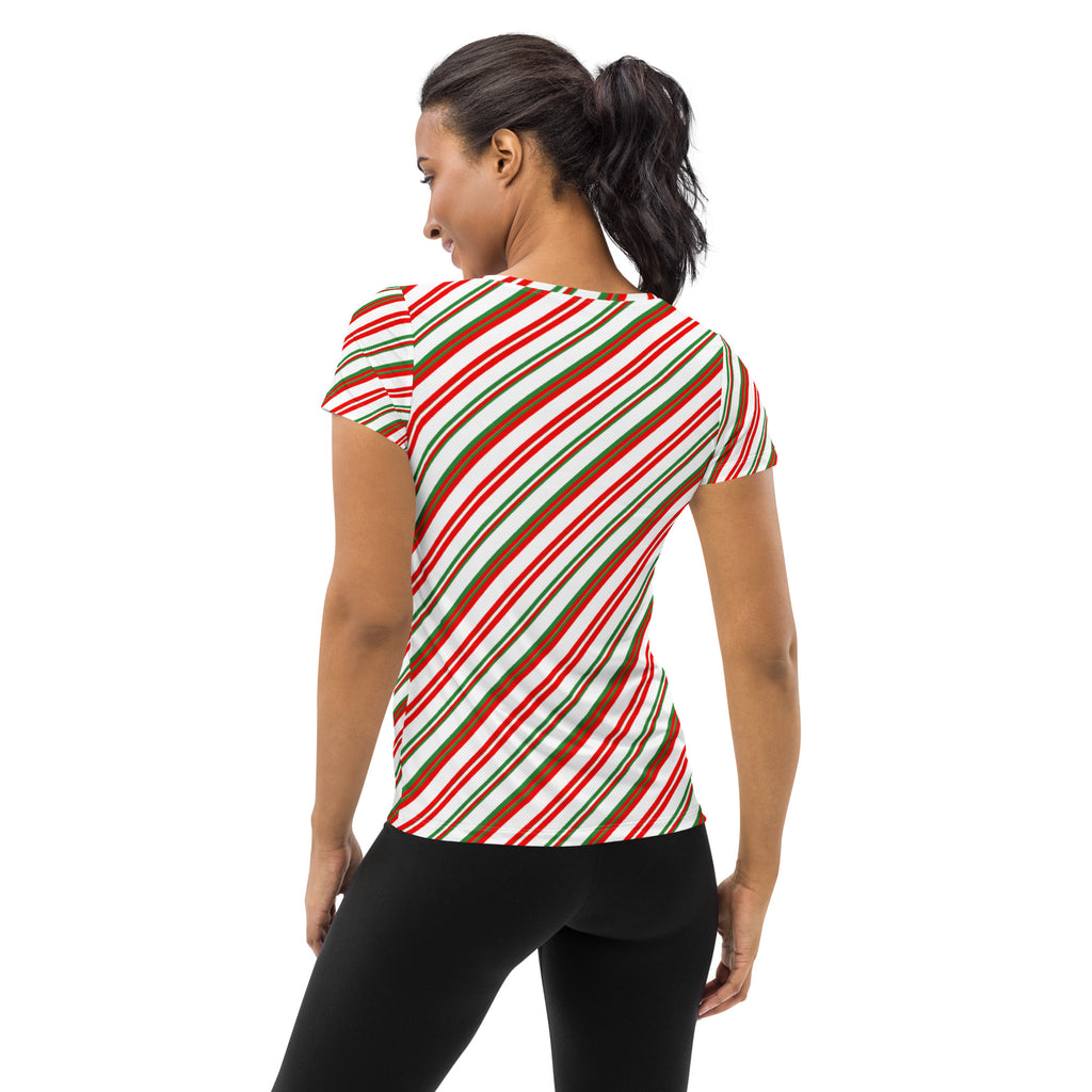 Women’s Christmas Peppermint Stripe Performance Athletic T-Shirt - Lightweight Moisture Wicking Workout Top with UPF 50+